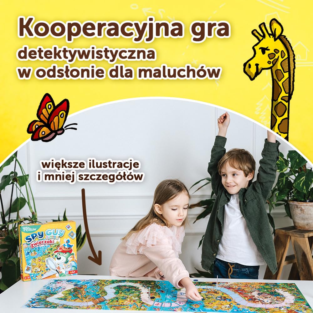 Trefl - Spy Guy Junior Zwierzaki - Kooperacyjna Gra Detektywistyczna dla Najmłodszych, Rodzinna Planszówka, Szukaj Dowodów i Złap Przestępcę, Poznawaj Zwierzęta, Ogromna Plansza, dla Dzieci od 3 lat