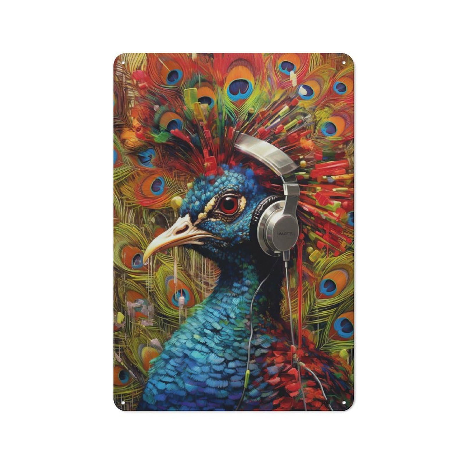 Junmoney Peacock With Headphones Metal Plaque 30X20cm With For Pub Or Café, Rustic Decor, For Pub Decor Enthusiasts