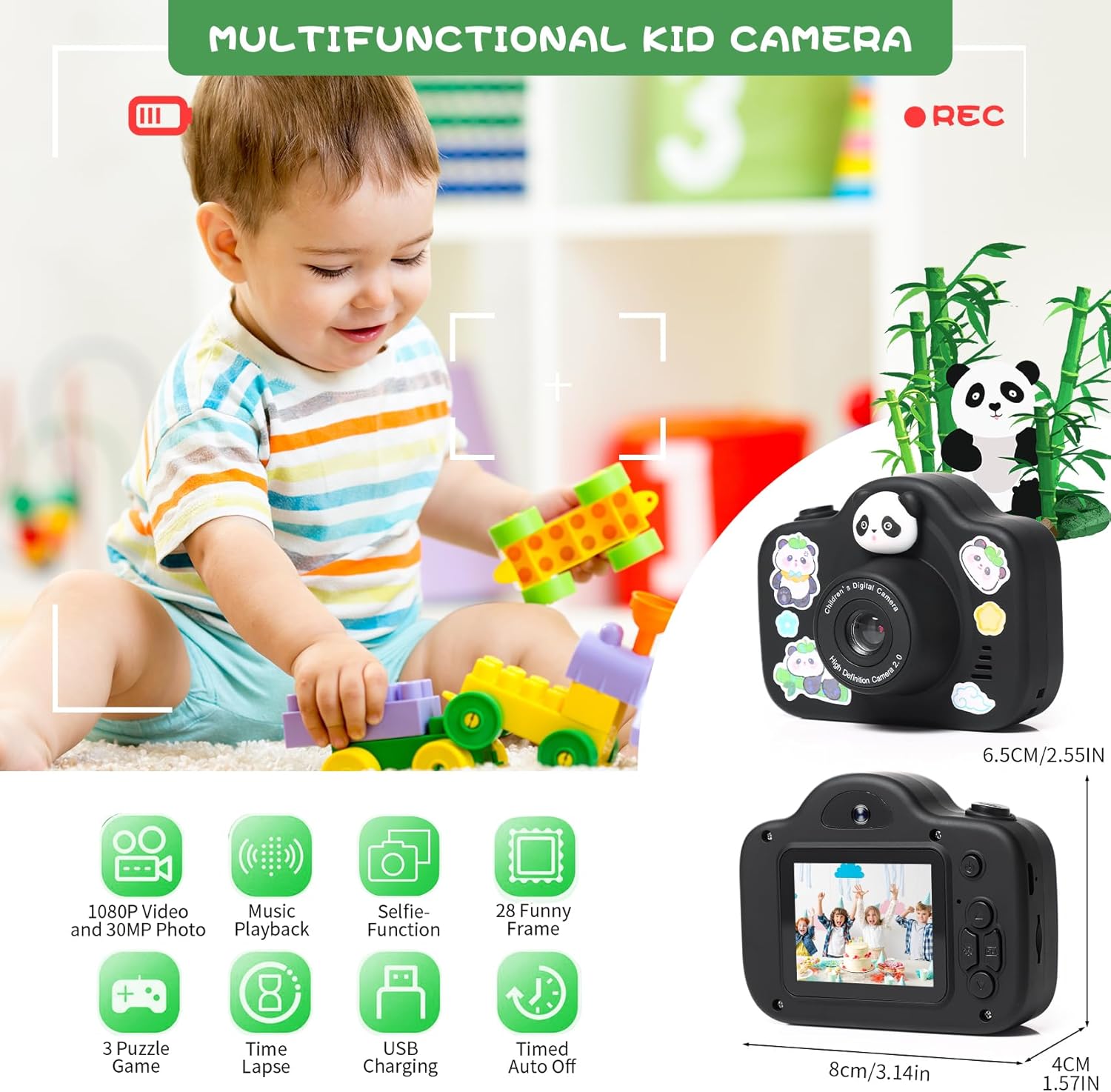 Kids Camera, Christmas Birthday Gifts for Children Age 3-8, HD Digital Video Cameras for Children, Portable Toy for 3 4 5 6 7 8 Year Old Kid with 32GB SD Card and Cute Children's Camera Bag (Black)