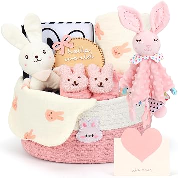 Baby Girl Gift Basket for Newborn, Baby Hamper Basket with Nappy Caddy Sensory Book Swaddle Blanket Comforter Rattle Socks Bib Milestone Cards | Baby Shower Gifts for Girls New Mum Pink Bunny Set