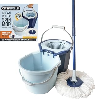 Casabella Clean Water Microfiber Spin Mop with 2-Bucket System - Antibacterial, Corner-Cleaning Mop Head, Blue/White