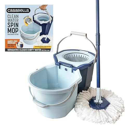 Casabella Clean Water Microfiber Spin Mop with 2-Bucket System, Antibacterial Spin Mop and Mopping Bucket Set, Blue/White