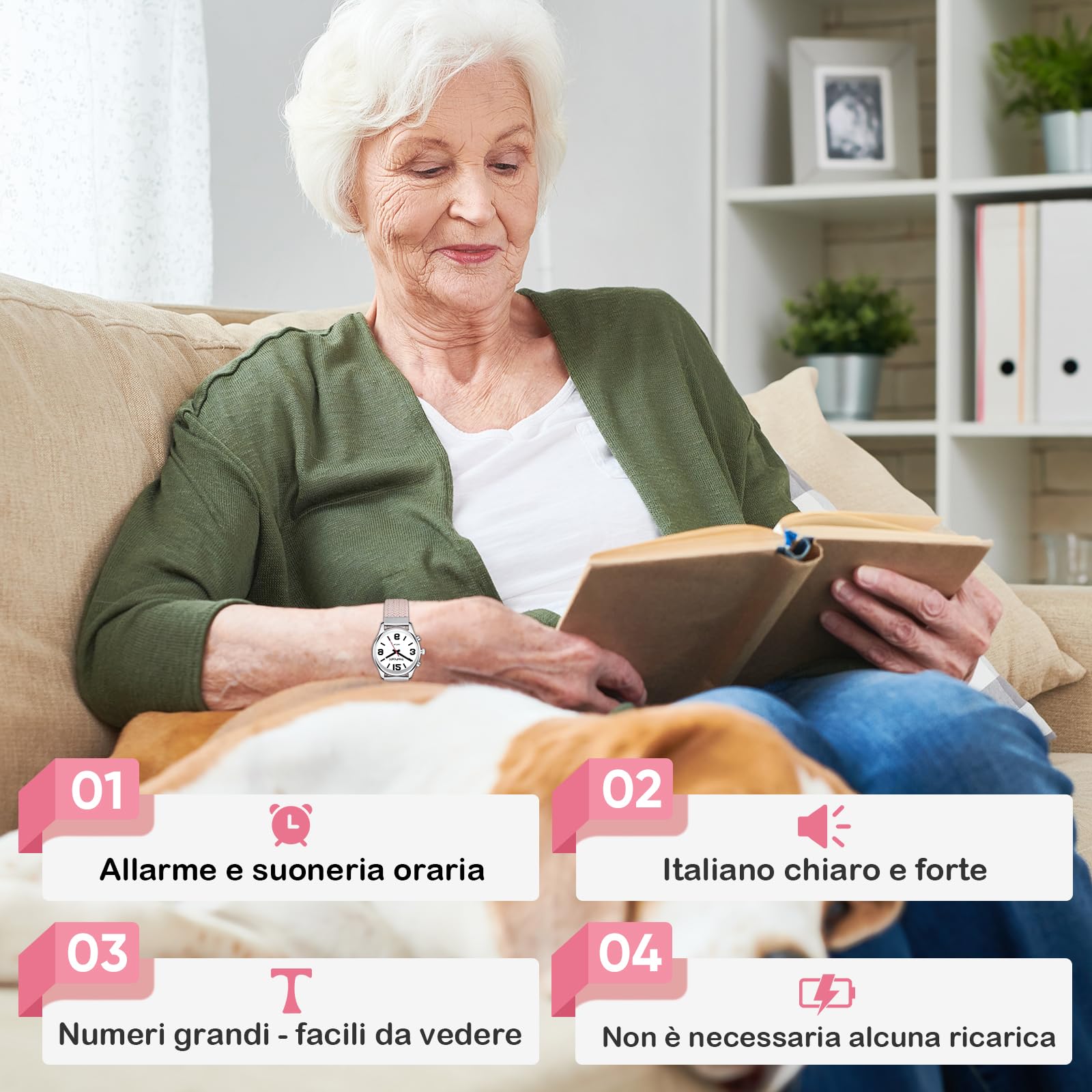 Orologio da donna con voce italiana e ampio display digitale Orologio adatto agli anziani con problemi di vista, ipovedenti, non vedenti o malati di Alzheimer Dotato di sveglia e cinturino in nylon