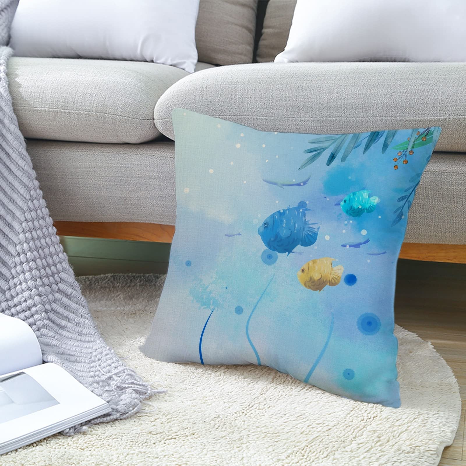 4 fundas de cojín de lino de 50 x 50 cm, diseño de peces azules, funda de almohada de lino para sala de estar, sofá, dormitorio