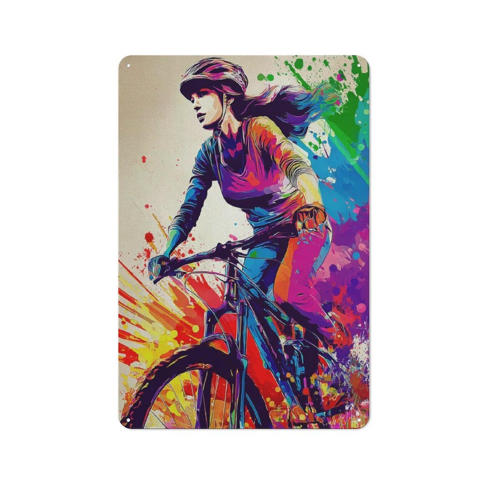 Junmoney Colorful Cyclist In Motion -1 Metal Wall Plaque With Design 30X20cm, Old Fashioned Vintage Wall Decor For Living Room, Hallway, Kitchen Or Cafe