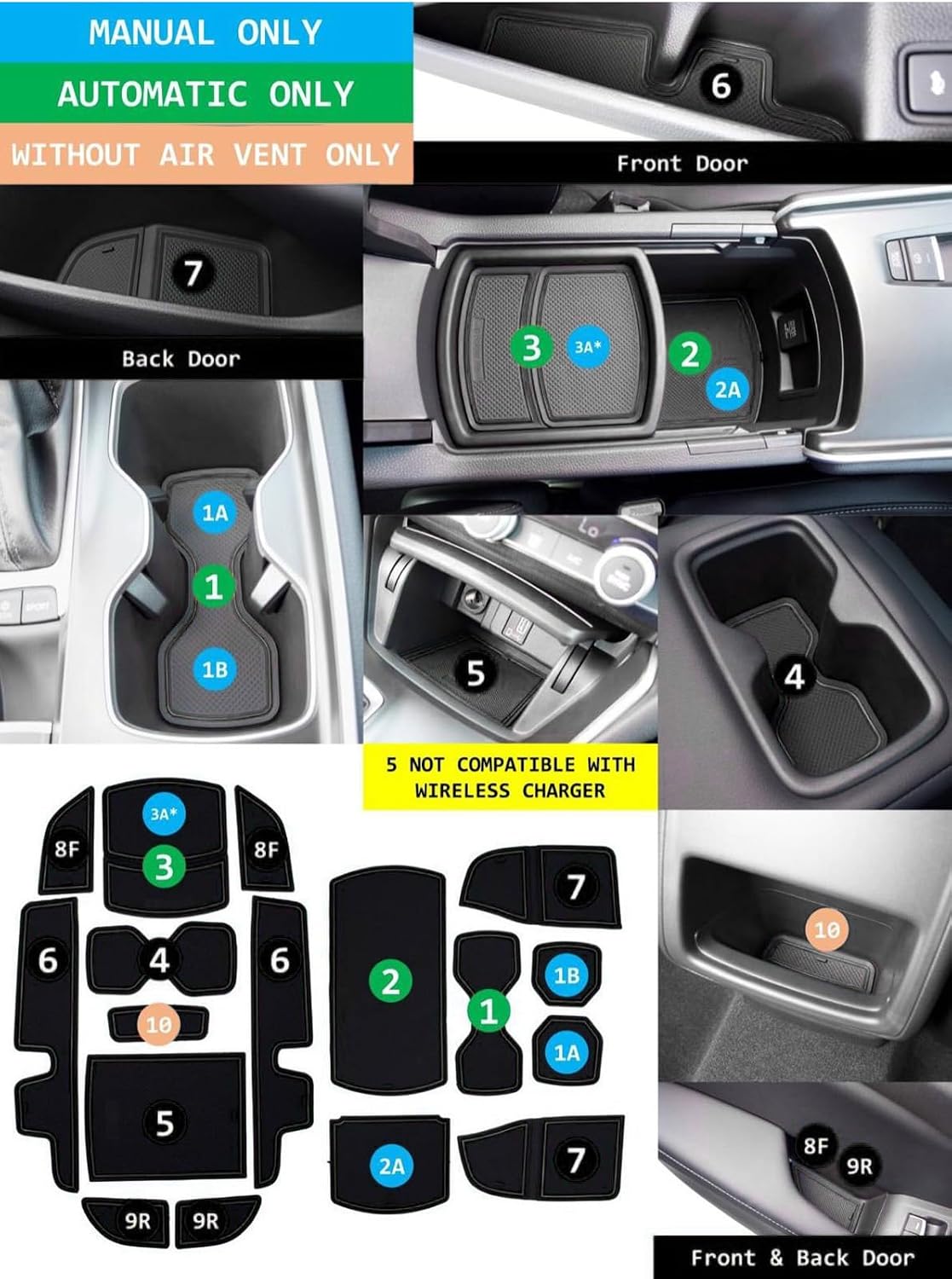 Non-Slip Liners Compatible with Honda Accord Accessories 2018 2019 2020 2021 2022 Anti Dust Custom Fit Cup Holder Door Pocket Center Console Insert Liners Interior Mats 17 Pcs Black Trim