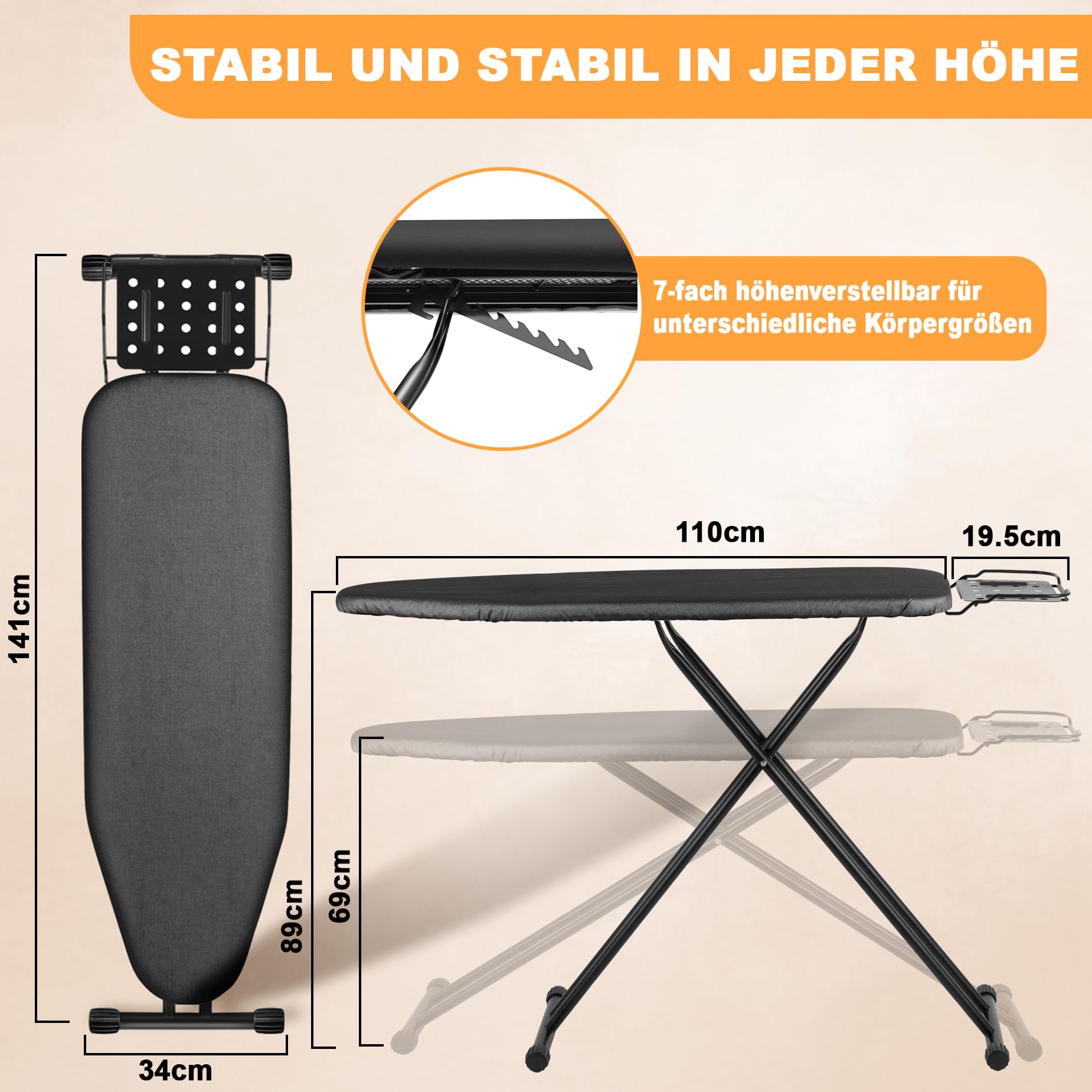Planche à repasser pliable de luxe VIOFOTT - Hauteur réglable de 65 à 95 cm - Convient à la plupart des centrales vapeur - Dimensions : 120 x 34 cm