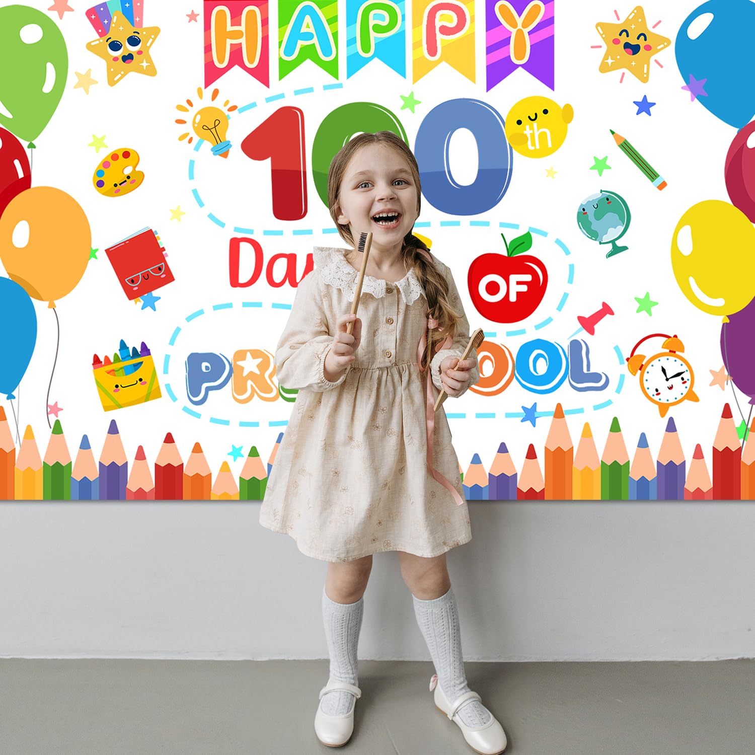 „Happy 100th Day Of School“ Banner – Stoff-Hintergrund Für Kindergarten & Grundschule, 180x110 Cm, Perfekt Für Fotoecken & Partydeko