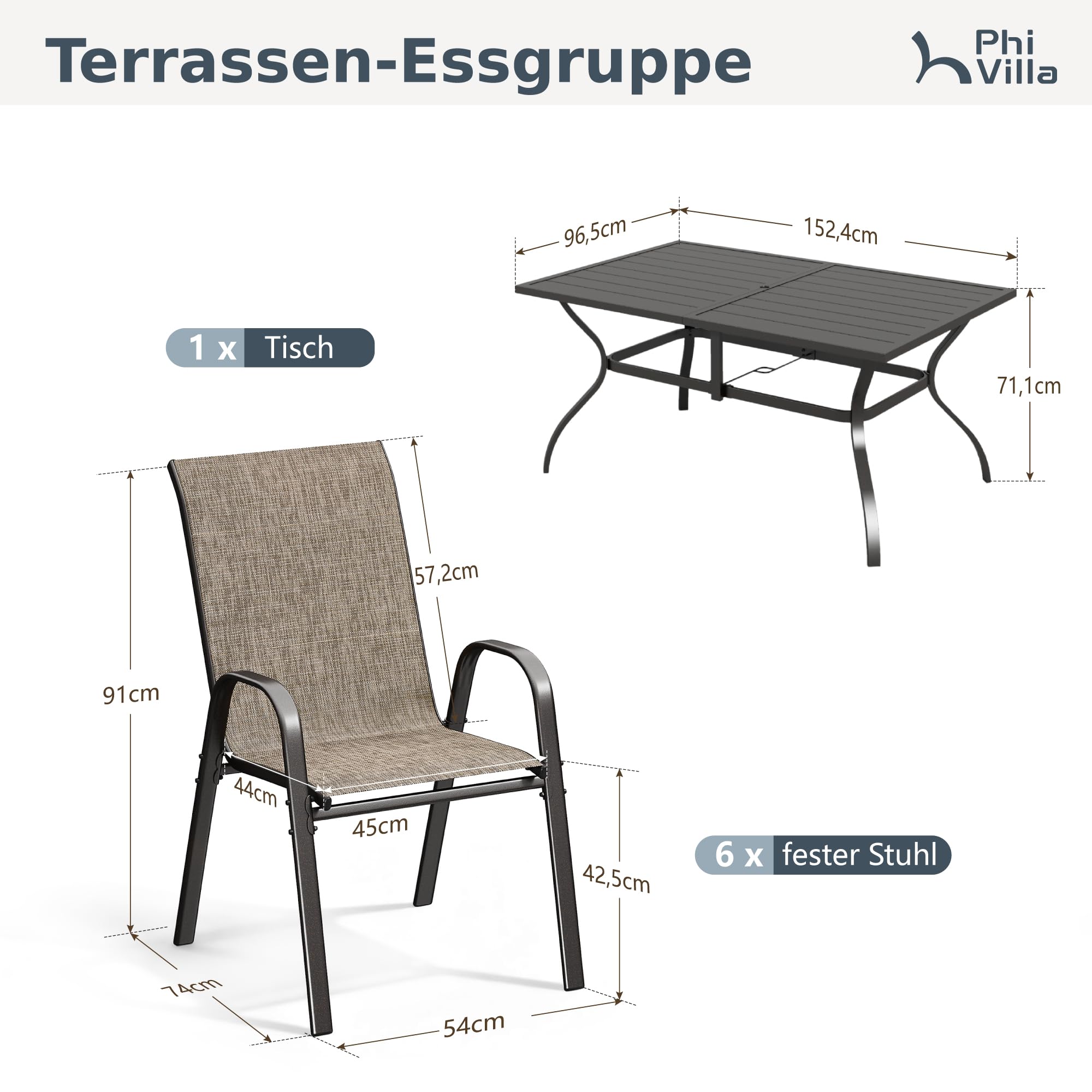 PHI VILLA 7-teiliges Gartenmöbel Set, Terrassenmöbel Outdoor mit 1 Rechteckig Gartentisch und 6 Textilene Stapelstühlen, Wetterfest E-Beschichtung Metall Gartenset für Hinterhof Veranda Poolbereich