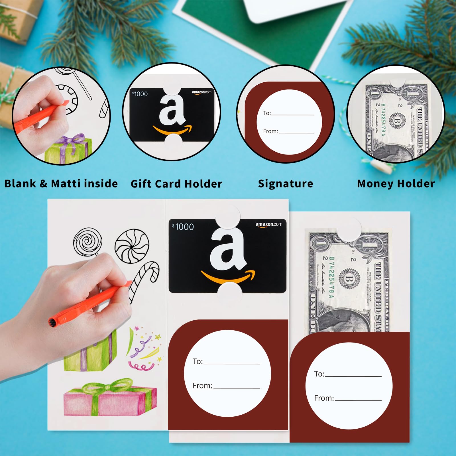 Lot de 96 cartes de Noël avec enveloppes, cartes de Noël amusantes pour offrir de l'argent liquide, cartes de Noël amusantes