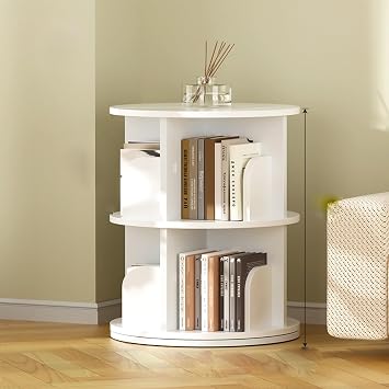 BVCL 360 Rotating Wooden Bookshelf, Round Revolving Bookcase, Round Space-Saving Bookcase for Small Spaces, Corner, Bedroom, OfficeWhite,2 Floor