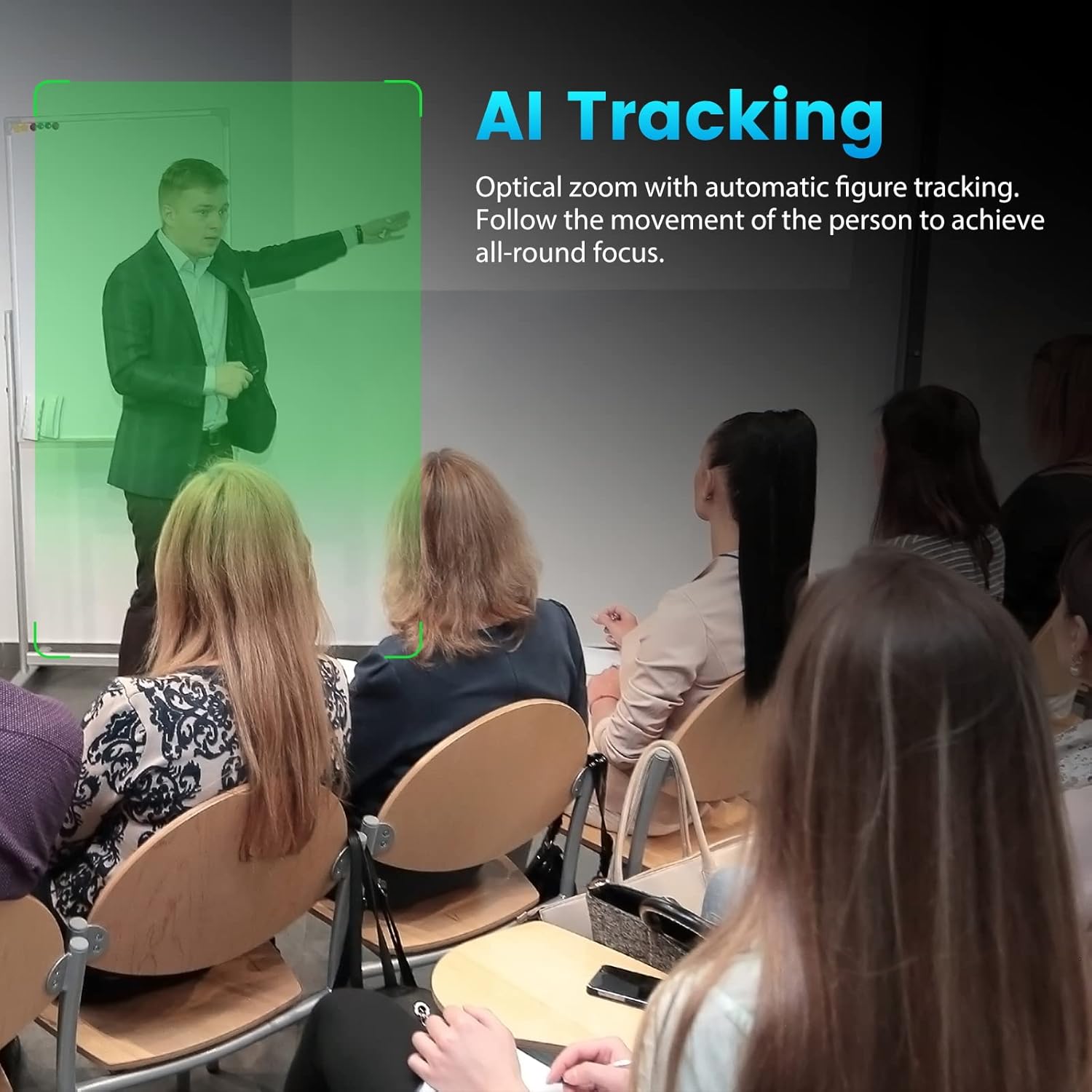 Image showing AI tracking in action, highlighting a person in a classroom setting with a green box around them.