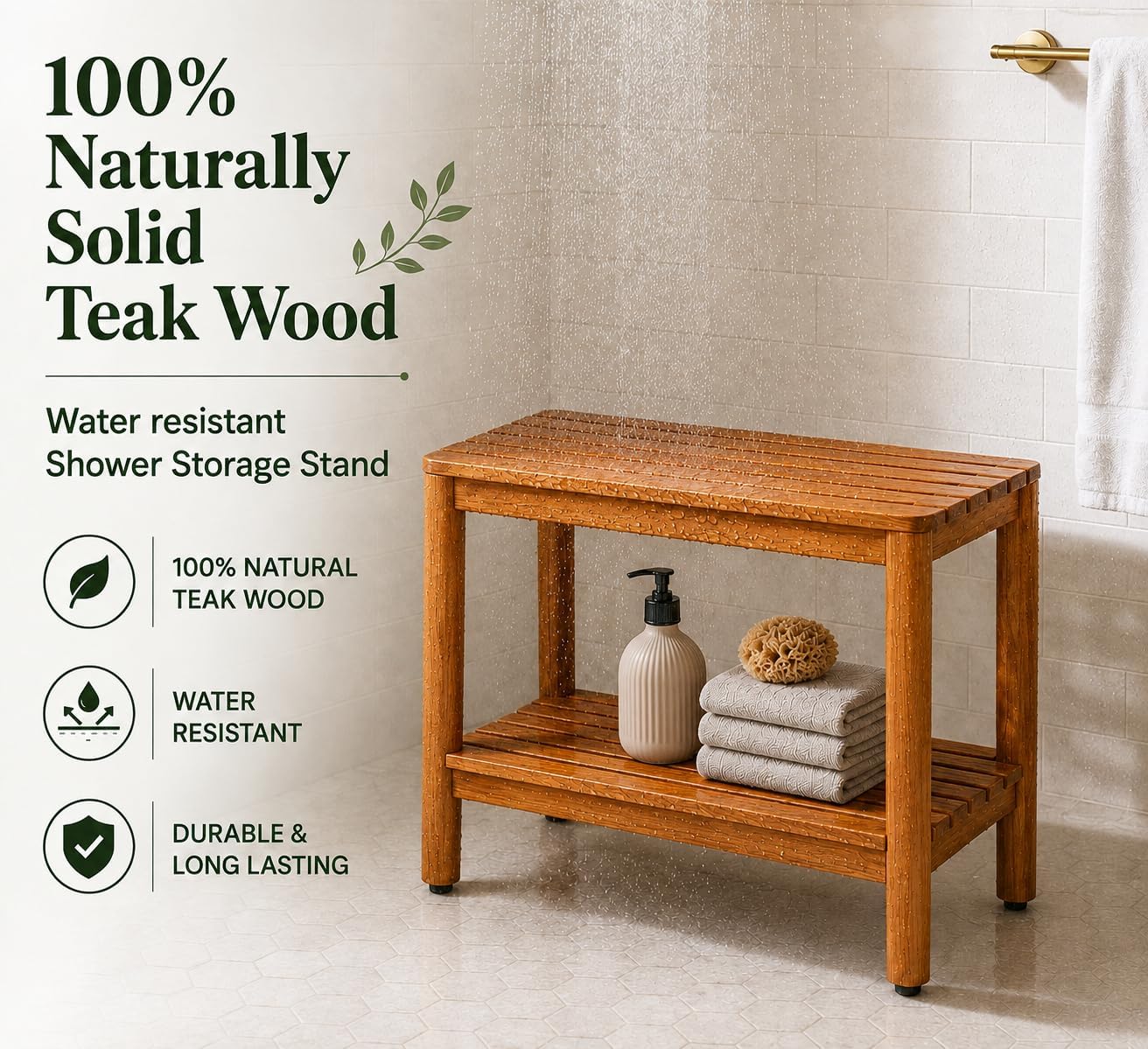 Premium Solid Teak Wood Shower Bench Stool with Storage Shelf – Spa Bathroom Seat Chair for Inside Shower, Spa Bench with Organization 18" image 3