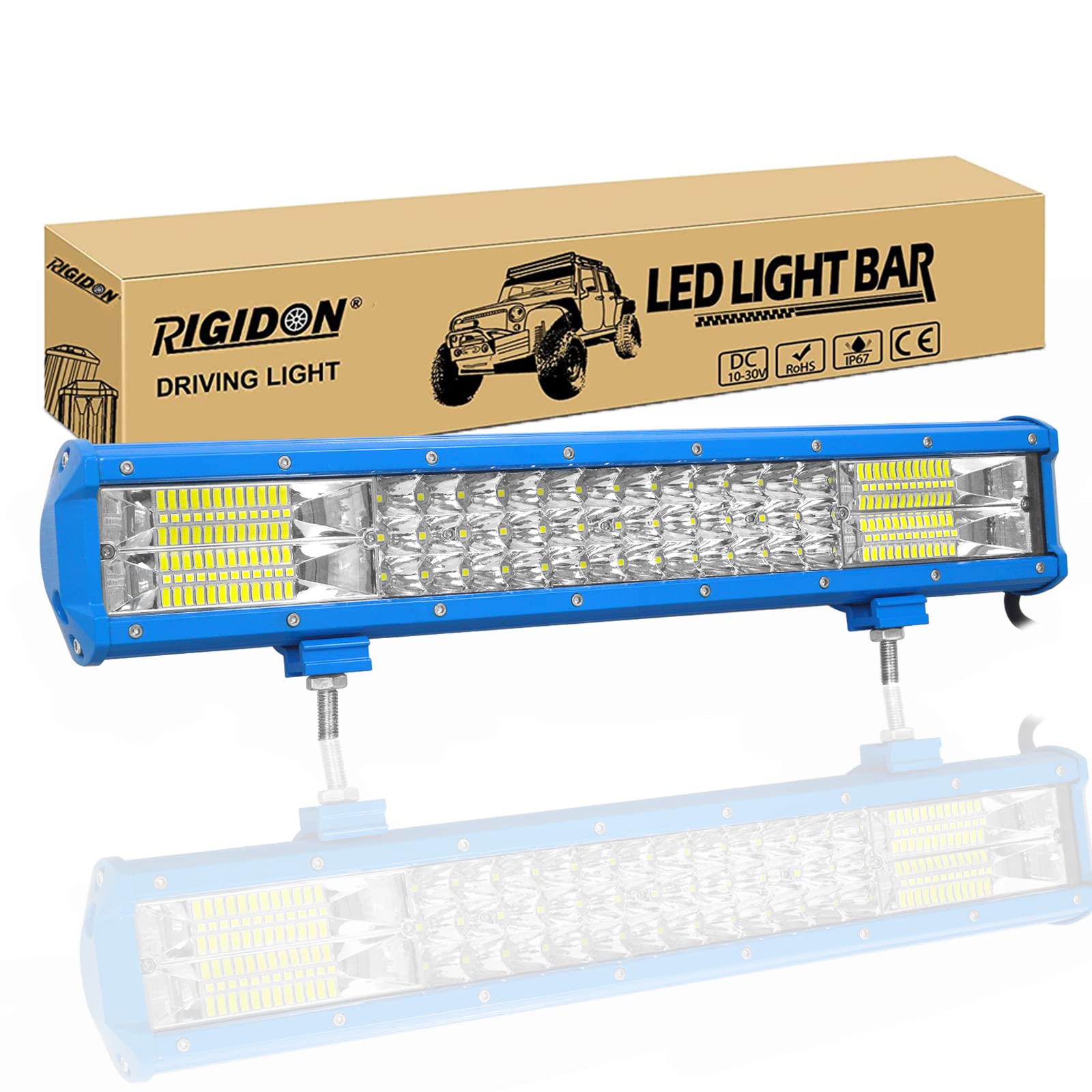 RIGIDON Blue Housing Led Work Light Bar, 18 inch 252W 12V 24V 7D Tri Row Fog Light for Car Off road Truck SUV UTE ATV 4x4 Boat, Flood Spot Combo Beam, Waterproof Outdoor Driving Lighting, 6000K White