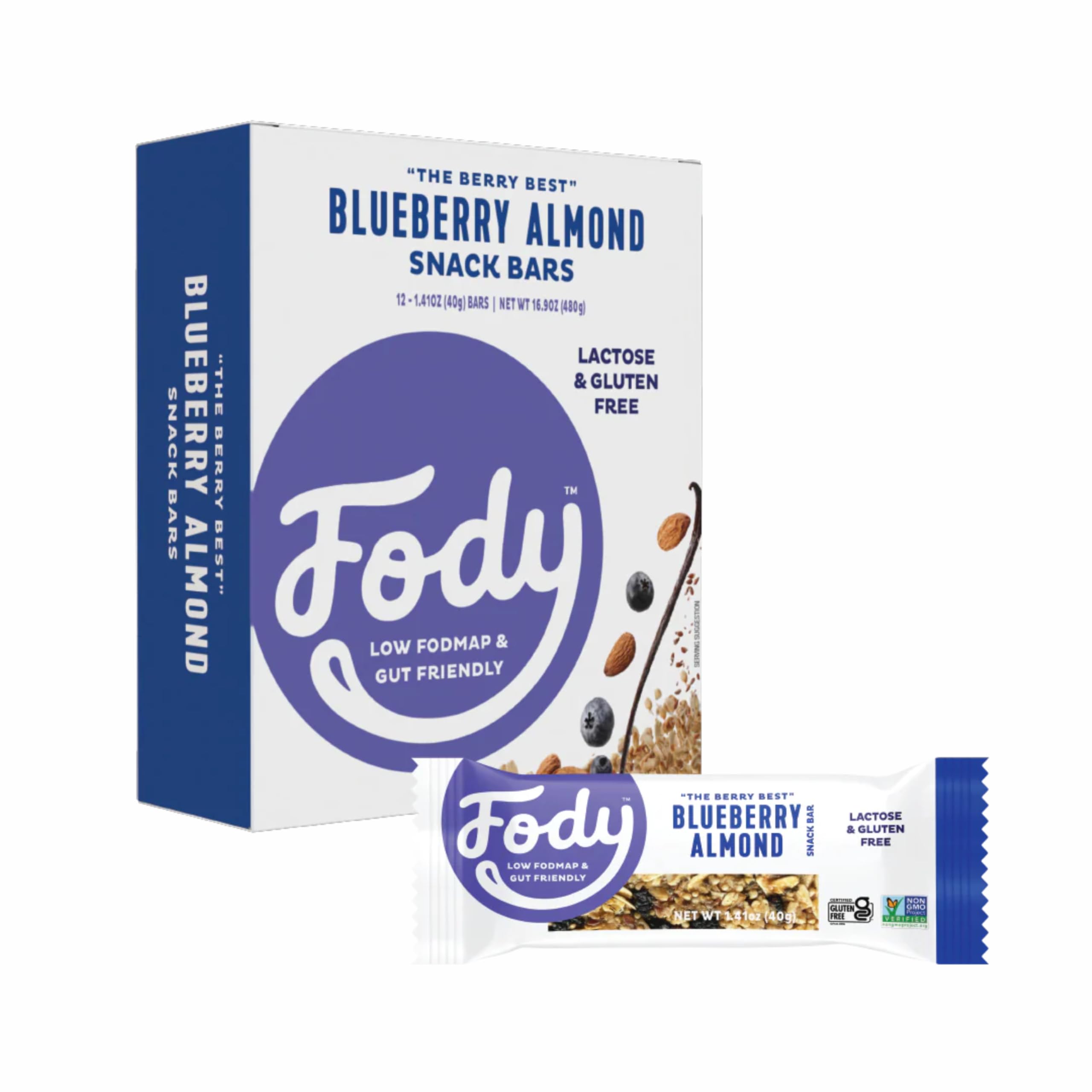 Fody Foods Vegan Protein Nut Bars | 3g Protein Snack Bar | Low FODMAP Certified | Gut Friendly IBS Friendly Snacks | Gluten Free Lactose Free Non GMO | Blueberry Almond Bars, 12 Count