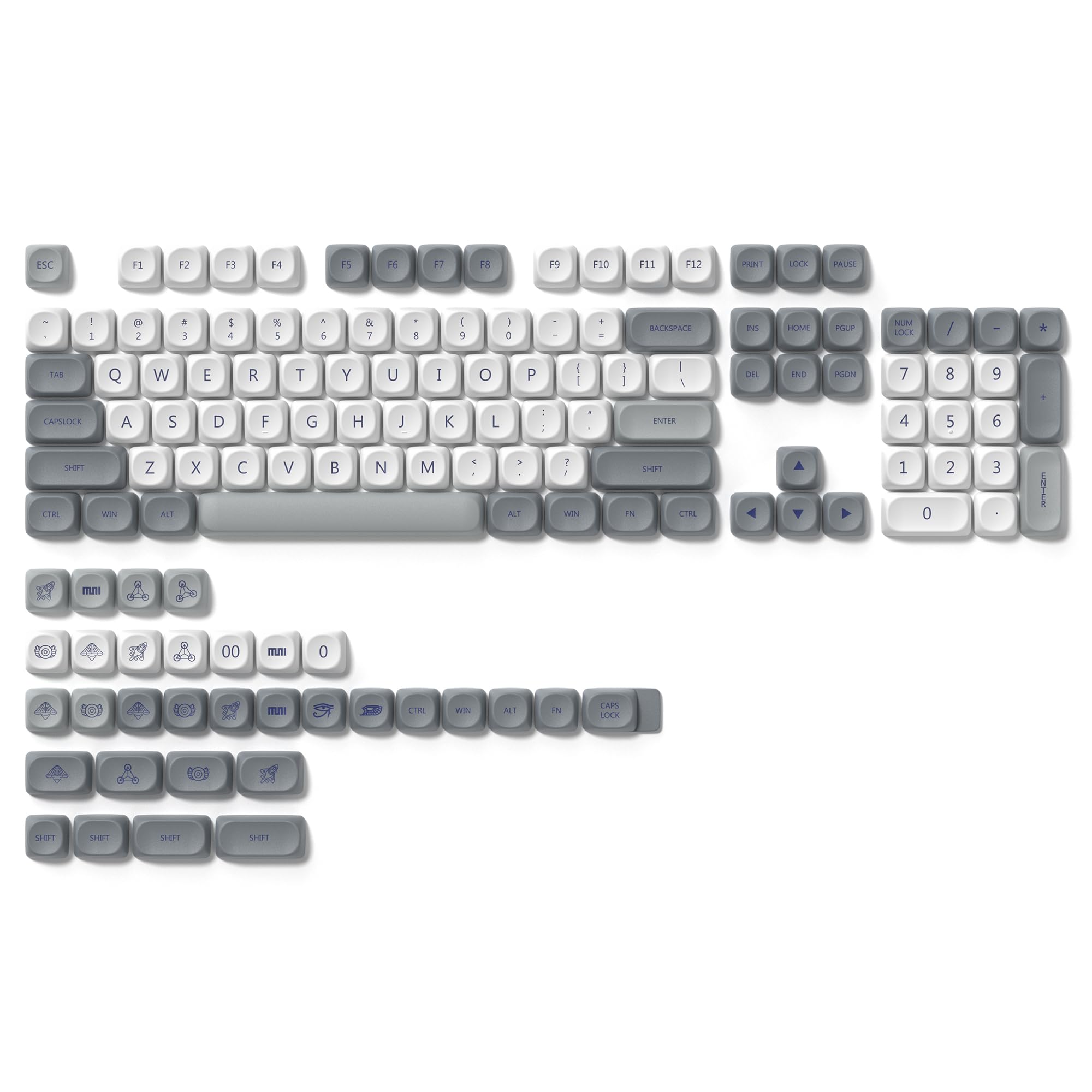Womier PBT MOAキーキャップセット 昇華プリント ホワイト/グレー 日本風 | レトロデザイン, 100%/75%/65%/60%対応, MX軸対応, TKL US配列対応, カスタム交換用