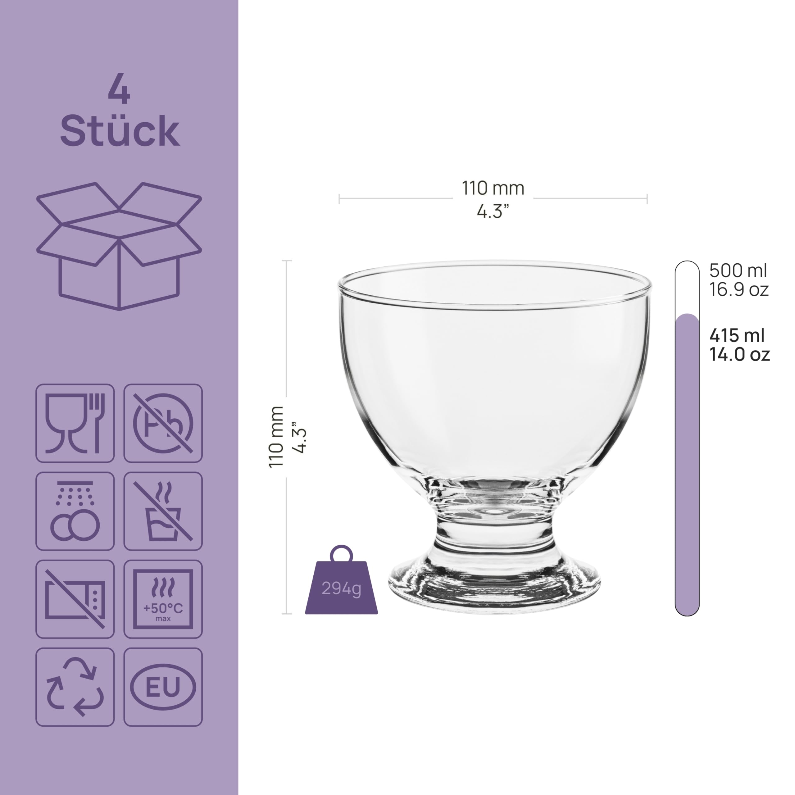 4er Set Eisbecher Glas 500 ml Dessertschalen auf Fuß für Nachtisch Obstsalat Pudding Große Glasschalen Transparent Hochwertiges Kalk-Natron-Glas Spülmaschinenfest Durchmesser 11 cm Höhe 11 cm