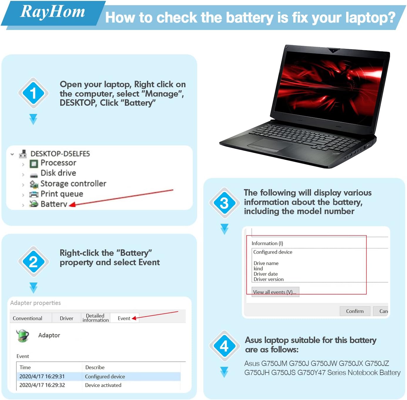 RayHom G750 Replacement Laptop Battery - for ASUS G750JM G750J G750JW G750JX G750JZ G750JH G750JS G750Y47JX-BL 0B110-00200000 0B110-00200000M Series