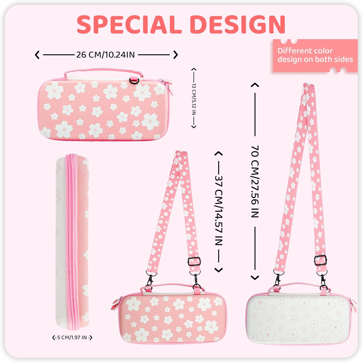 FANPL Cute Carrying Case Bundle for Nintendo Switch, Pink Switch Accessories Kit with Hard Travel Case, Soft TPU Cover, Adjustable Strap, Screen Protector, Thumb Grip Caps, Pink White Sakura for Girl - Image 3