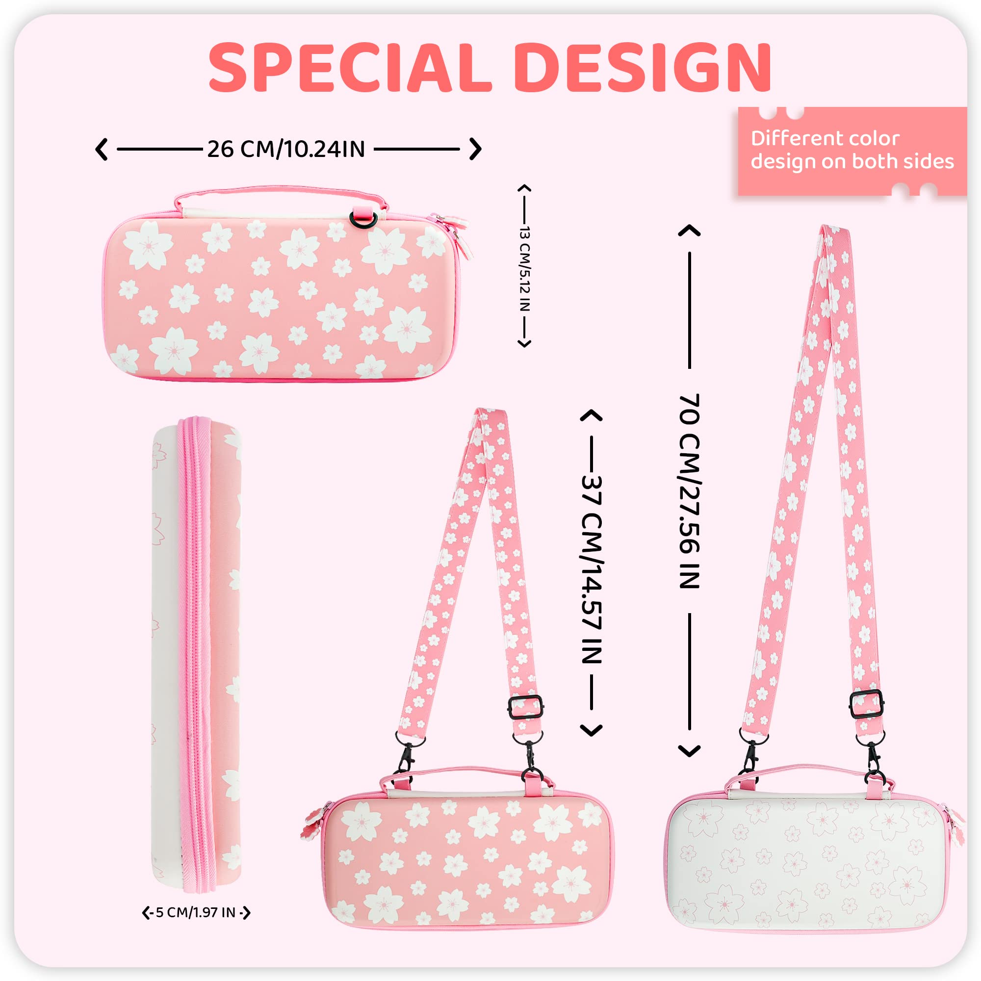FANPL Simpatica custodia da trasporto per Nintendo Switch, kit di accessori per interruttore rosa con custodia da viaggio rigida, custodia morbida in TPU, cinturino regolabile, pellicola proteggi