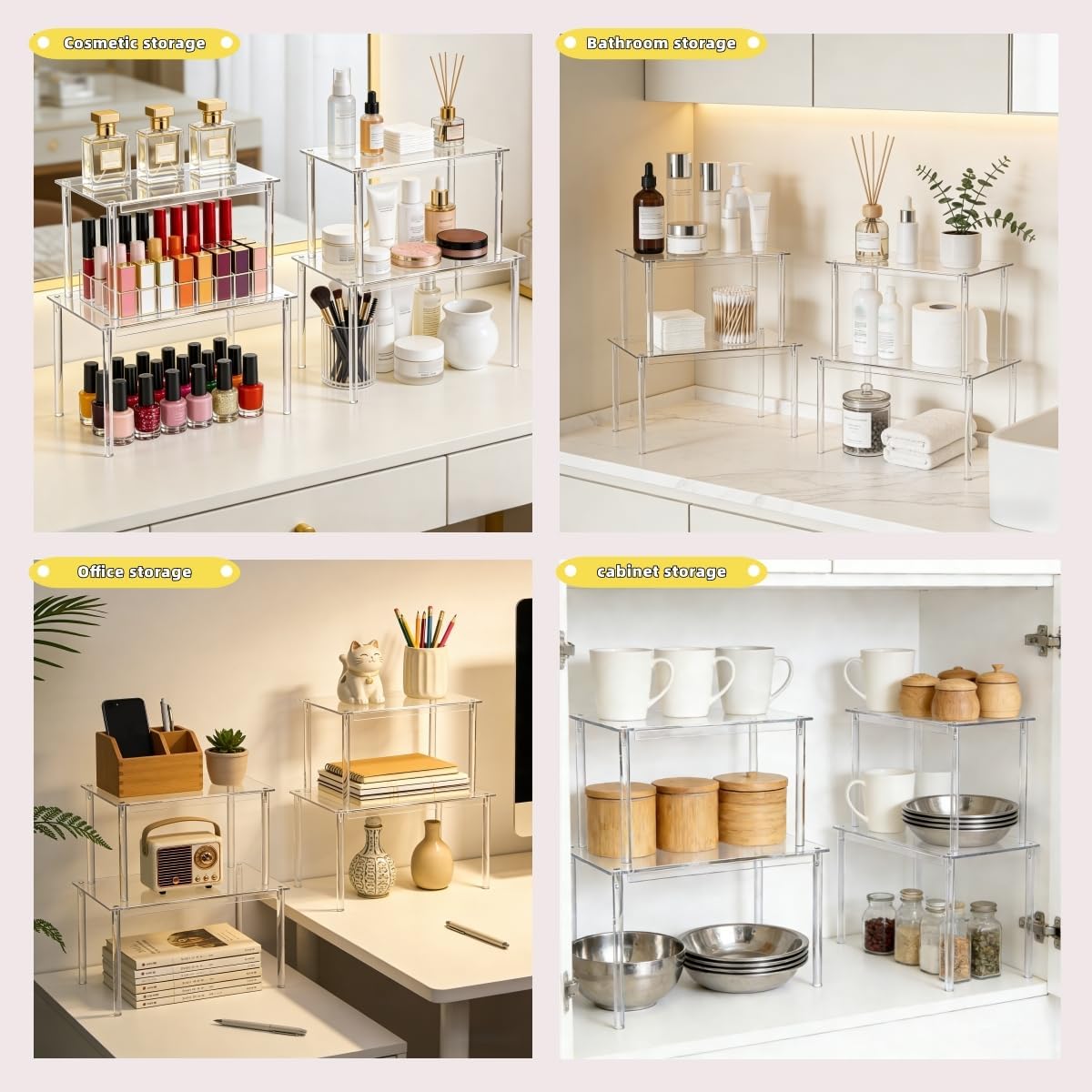 Clear Acrylic Cabinet Organizer, 4-Pack Stackable Shelf Riser for Kitchen Pantry & Countertop, Tiered Spice Rack Organizer for Cabinets, Dishes, Spices & Storage