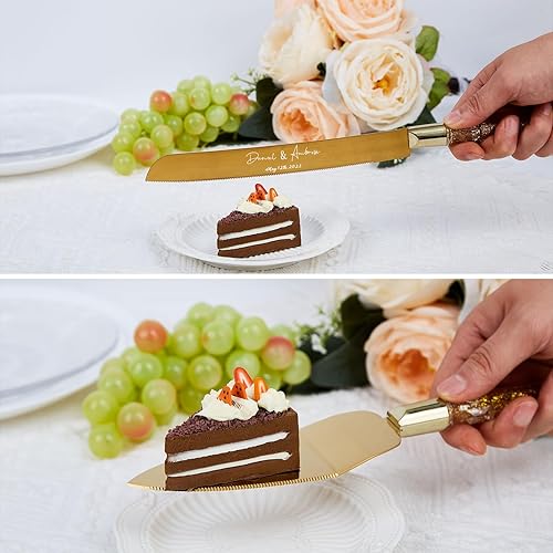 Miniatura 4 de Juego de cuchillo personalizado para tartas y servidor, cuchillo y servidor para tartas doradas, juego de corte de pasteles para boda, cubiertos de