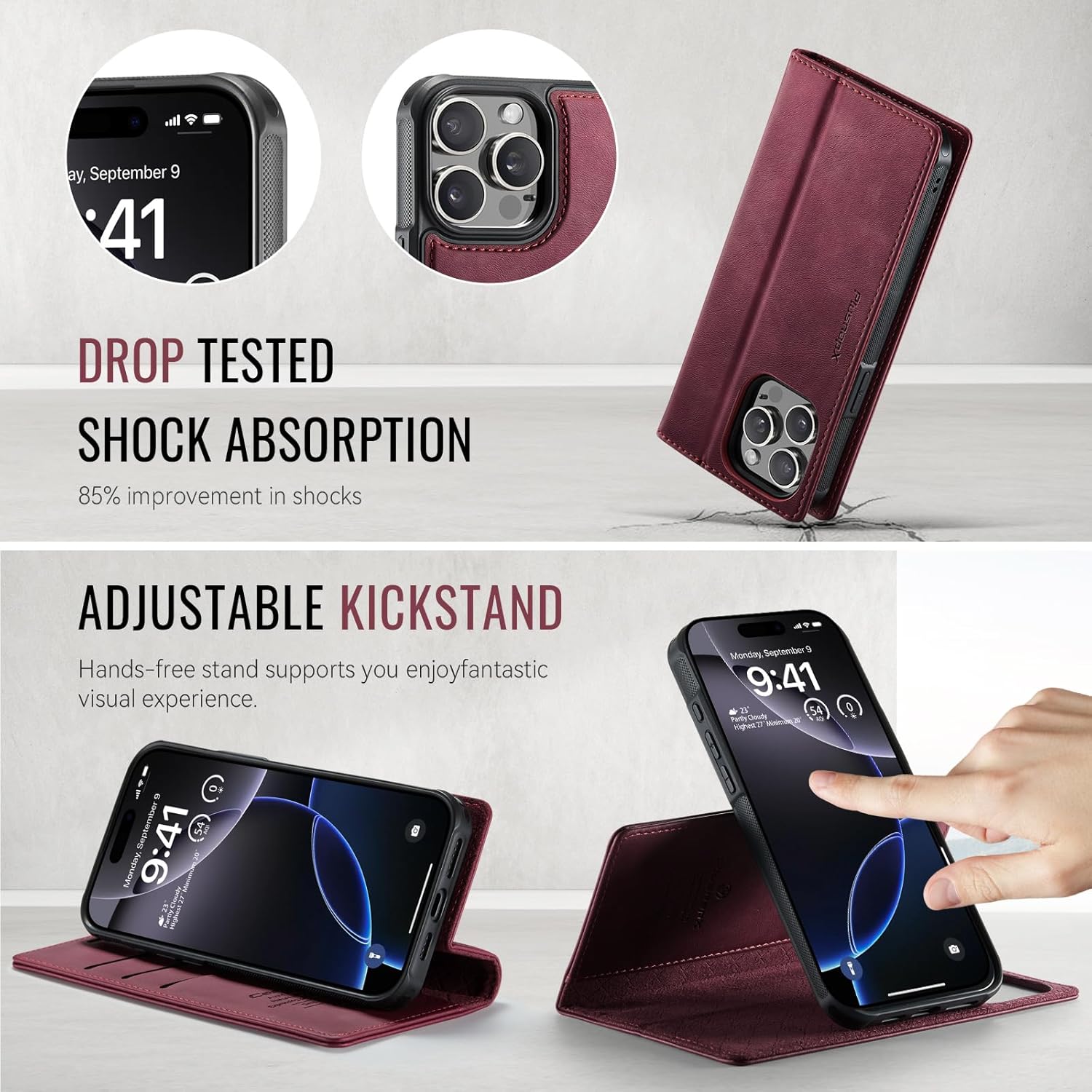 Wallet Case for iPhone 14 Pro Max Compatible with Magsafe, 2-IN-1 PU Leather Flip RFID Blocking Card Holder Stand Shockproof Magnetic Detachable Case for iPhone 14 Pro Max Case 6.7", Burgundy - Image 6