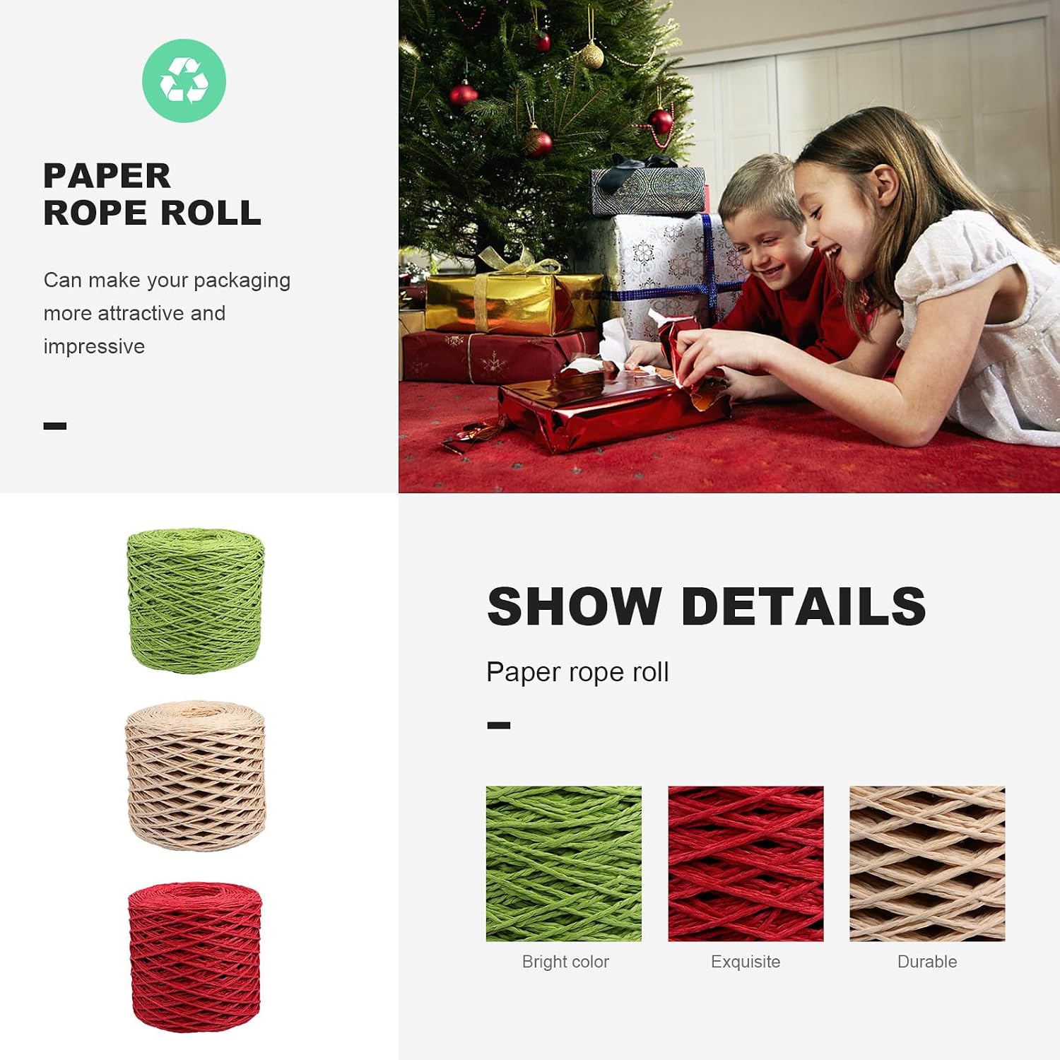 Operitacx 200m Eco-Friendly Raffia Paper Rope 3 Rolls (3# Earth Yellow + 4# Fruit Green + 7# Red) DIY Packing Ribbon for Wrapping and Craft Decoration