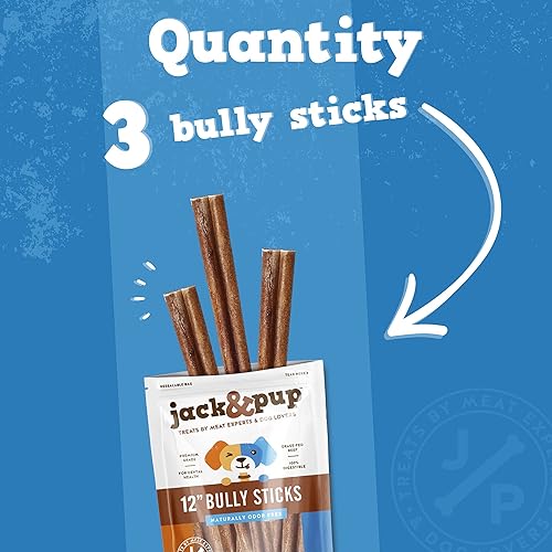 Miniatura 4 de Jack&Pup Bully Sticks de 12 pulgadas para perros (paquete de 3) masticables extra gruesos de larga duración, sin olor, de un solo ingrediente, 100%