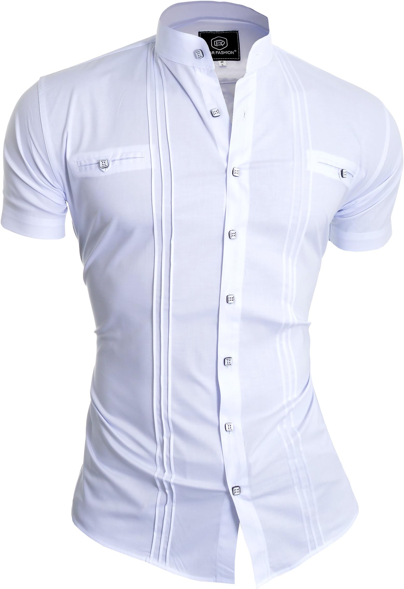 D&R FashionMen's Shirt with Short Sleeve Grandad Collar and Decorative Vertical Lines