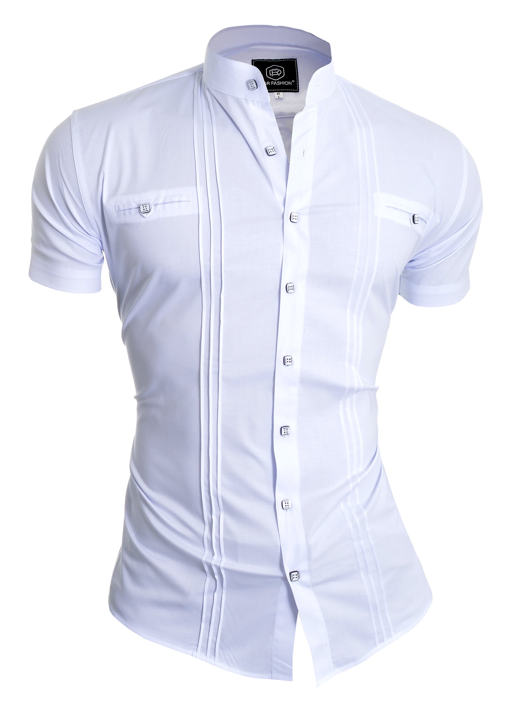 D&R FashionMen's Shirt with Short Sleeve Grandad Collar and Decorative Vertical Lines
