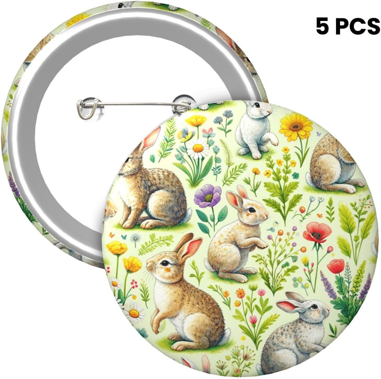 6cm Cartoon-Rabbits Laminated Pinback Buttons Pack Of 5, Round Badges With Glossy Finish And Secure Pinback