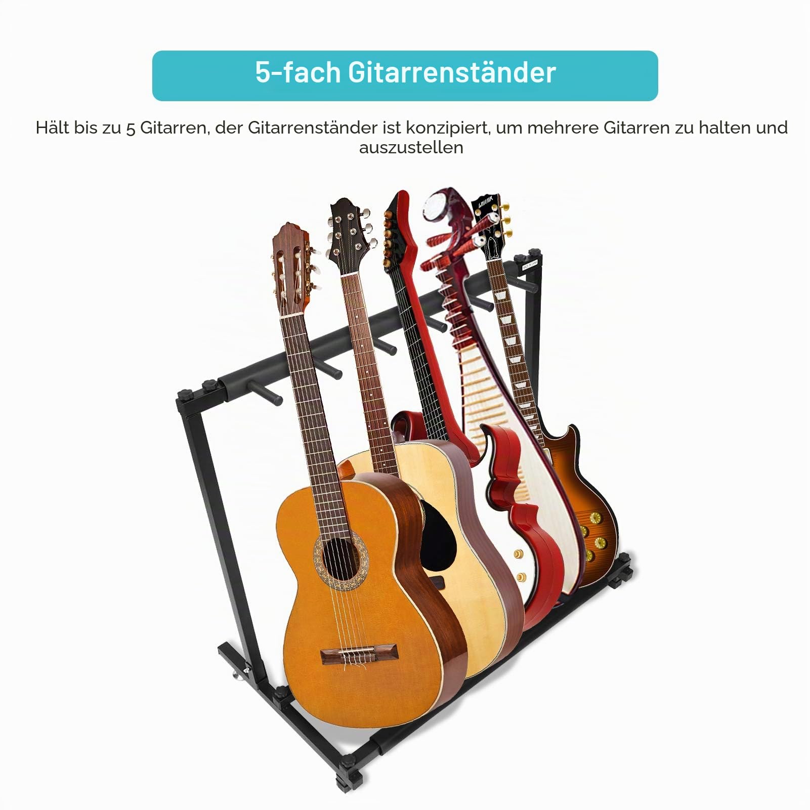 Ejoyous Gitarrenständer 5 Halter, Gitarren Klappständer Rack, Tragbarer Aufbewahrungsorganisator Displaydekoration Geeignet für kustik, Bass, E-Gitarre