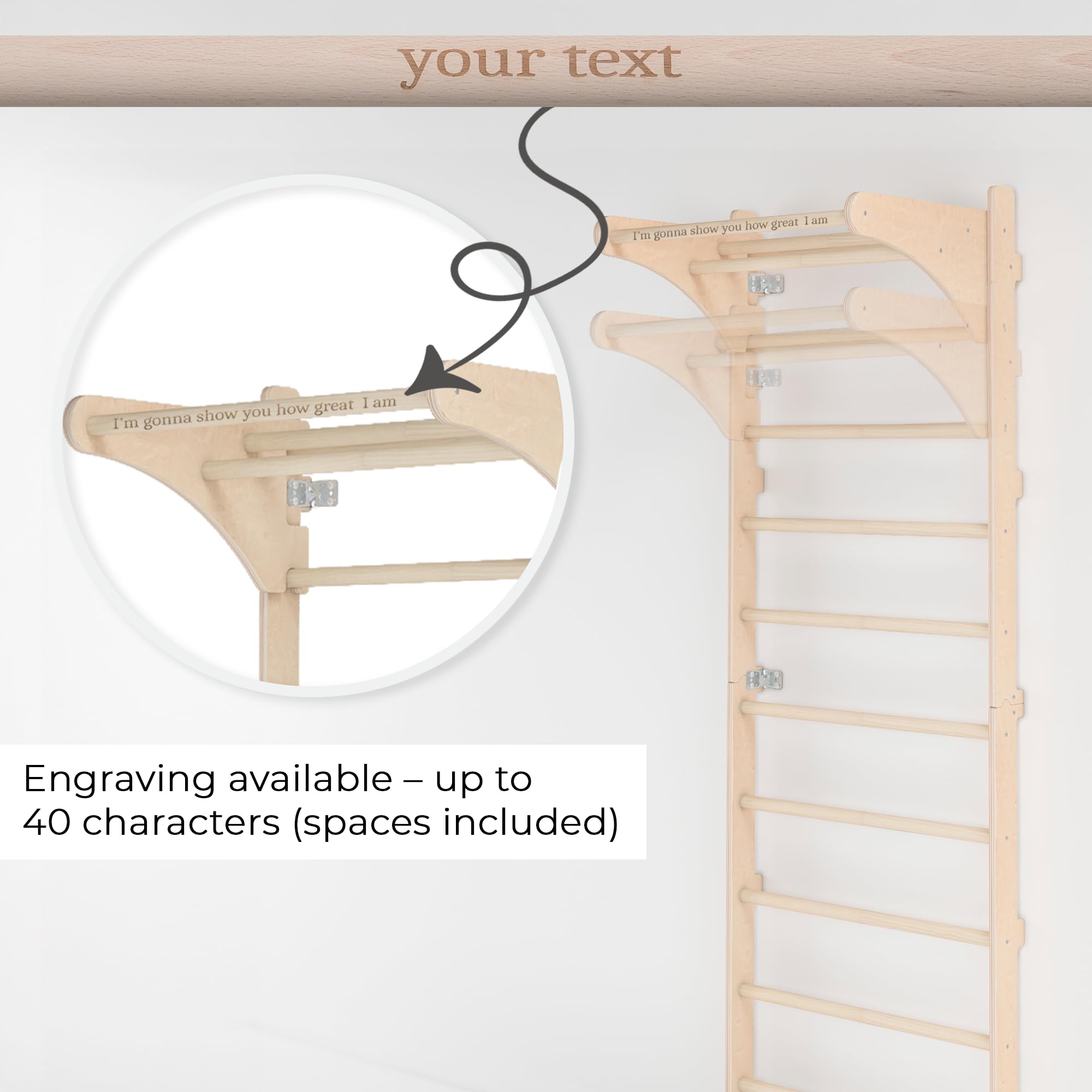 MAMOI Sprossenwand mit Klimmzugstange für Erwachsene (230 cm), Holz-Kletterwand, Multifunktionales Fitnessgerät, Kletterleiter für Erwachsene mit Option zur Personalisierung, 100% ECO, Made in EU