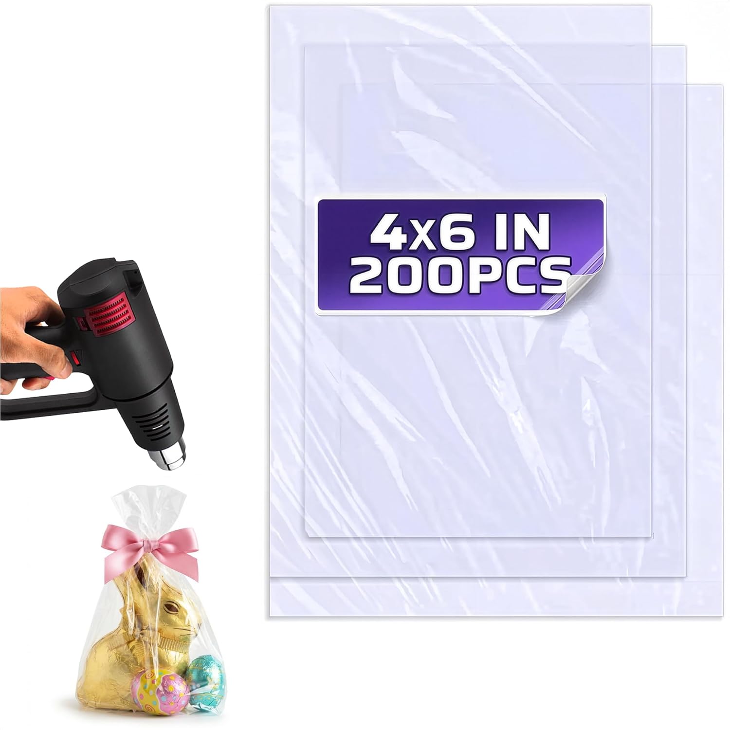 200 Pcs Heat Shrink Wrap Bags – 4×6 In Easter Сellophane Bags Compatible with Hair Dryer at Medium Temperature – Suitable for Packaging Small Items, Protects from Dust, Moisture, and Scratches
