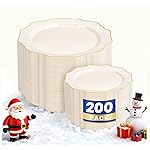 WDF 200PCS Ivory Plastic Plates with Gold Rim - Cream Plastic Plates - Include 100 Dinner & 100 Dessert Fancy Disposable Plate for Party - Heavy Duty Plate for Wedding/Bridal Showers/Christmas