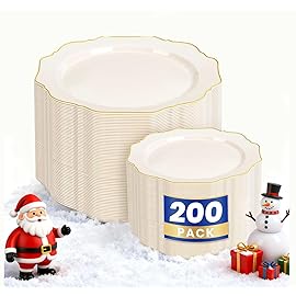 WDF 200PCS Ivory Plastic Plates with Gold Rim - Cream Plastic Plates - Include 100 Dinner & 100 Dessert Fancy Disposable Plate for Party - Heavy Duty Plate for Wedding/Bridal Showers/Christmas