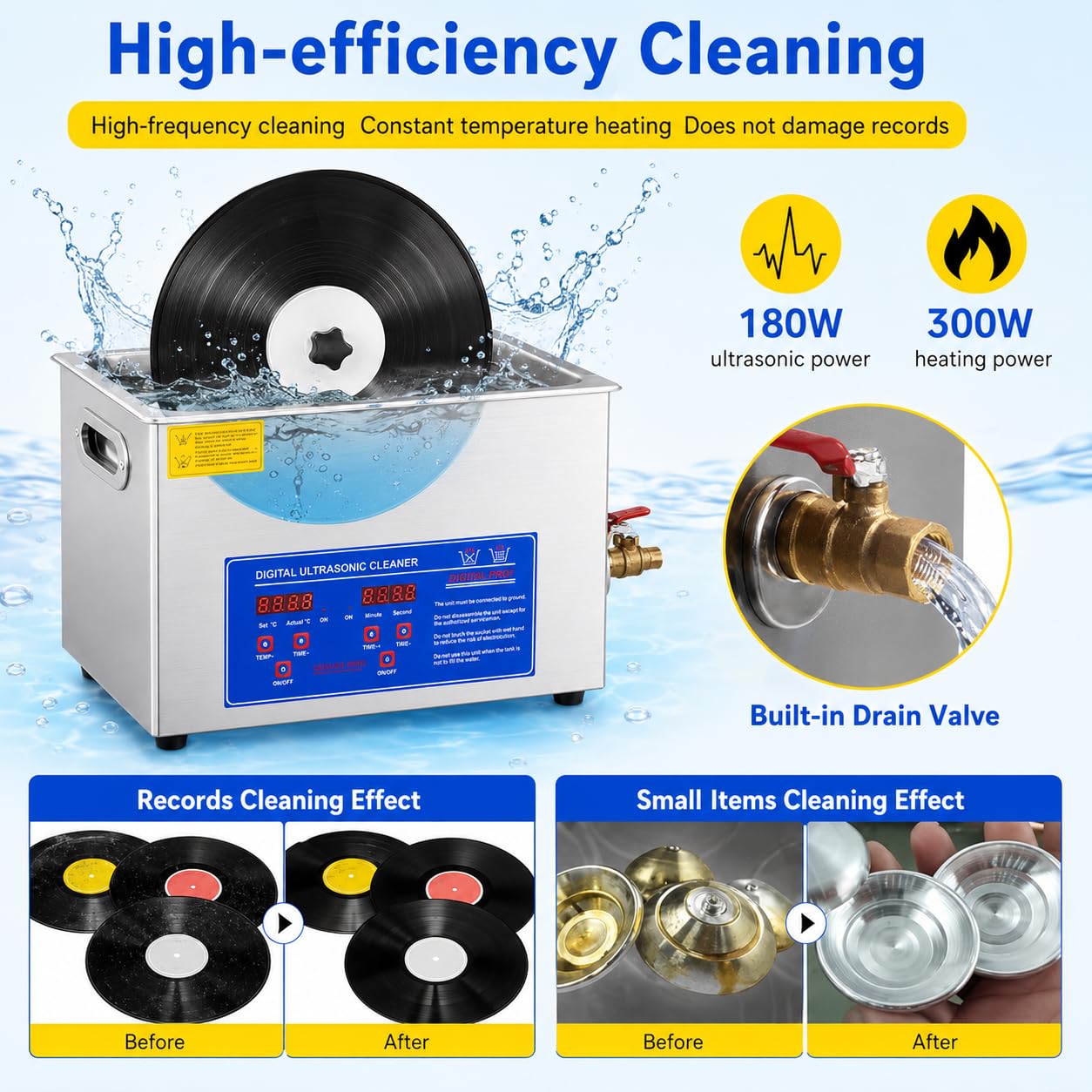 Ultra Vinyl Record Cleaner 6.5L, 180W Lavatrice in acciaio inox con stendibiancheria regolabile, perfetto per la pulizia di dischi, gioielli e oggetti sensibili