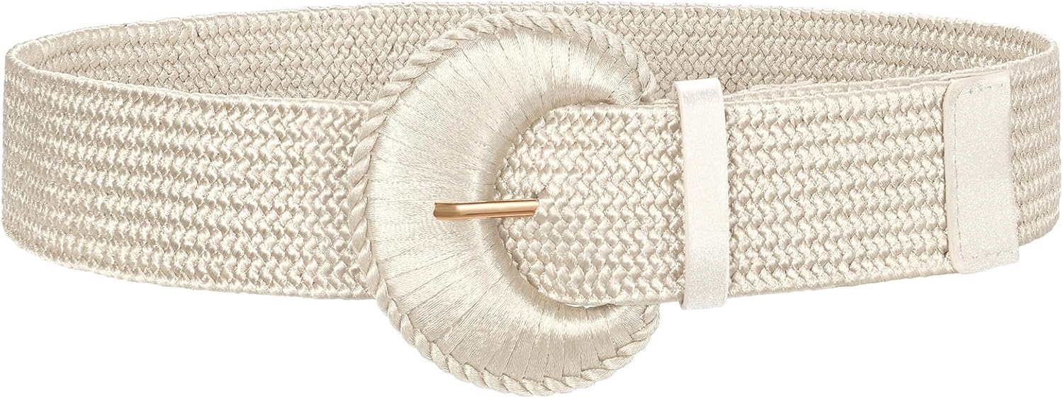 XZQTIVE Women's Woven Elastic Waist Belts Wide Stretchy Boho Belt for Summer Western Dresses with Big Braided Round Buckle