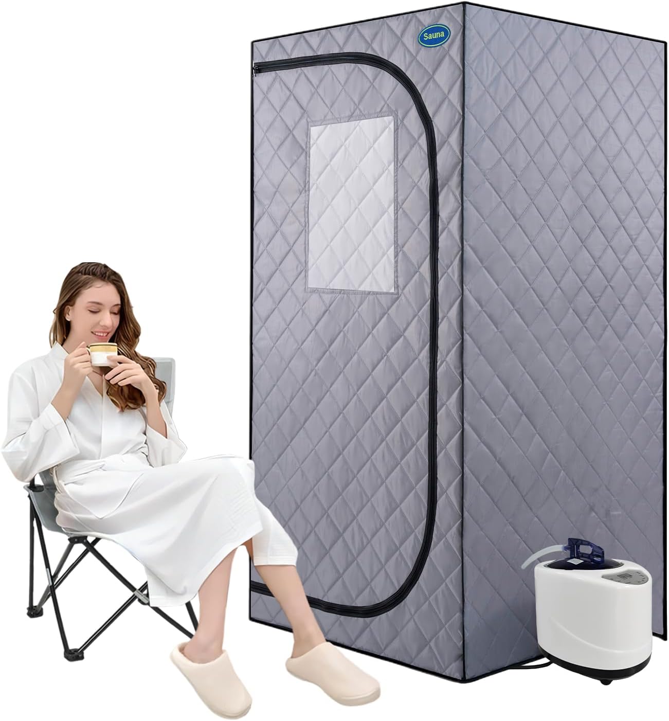 Portable Steam Sauna Tent Full Size, Oversized Personal Sauna Kit for Home Spa, Lightweight Sauna Box with Steamer, Time & Temperature Remote Control, Foldable Chair, 32'' x 32'' x 63'' Gray