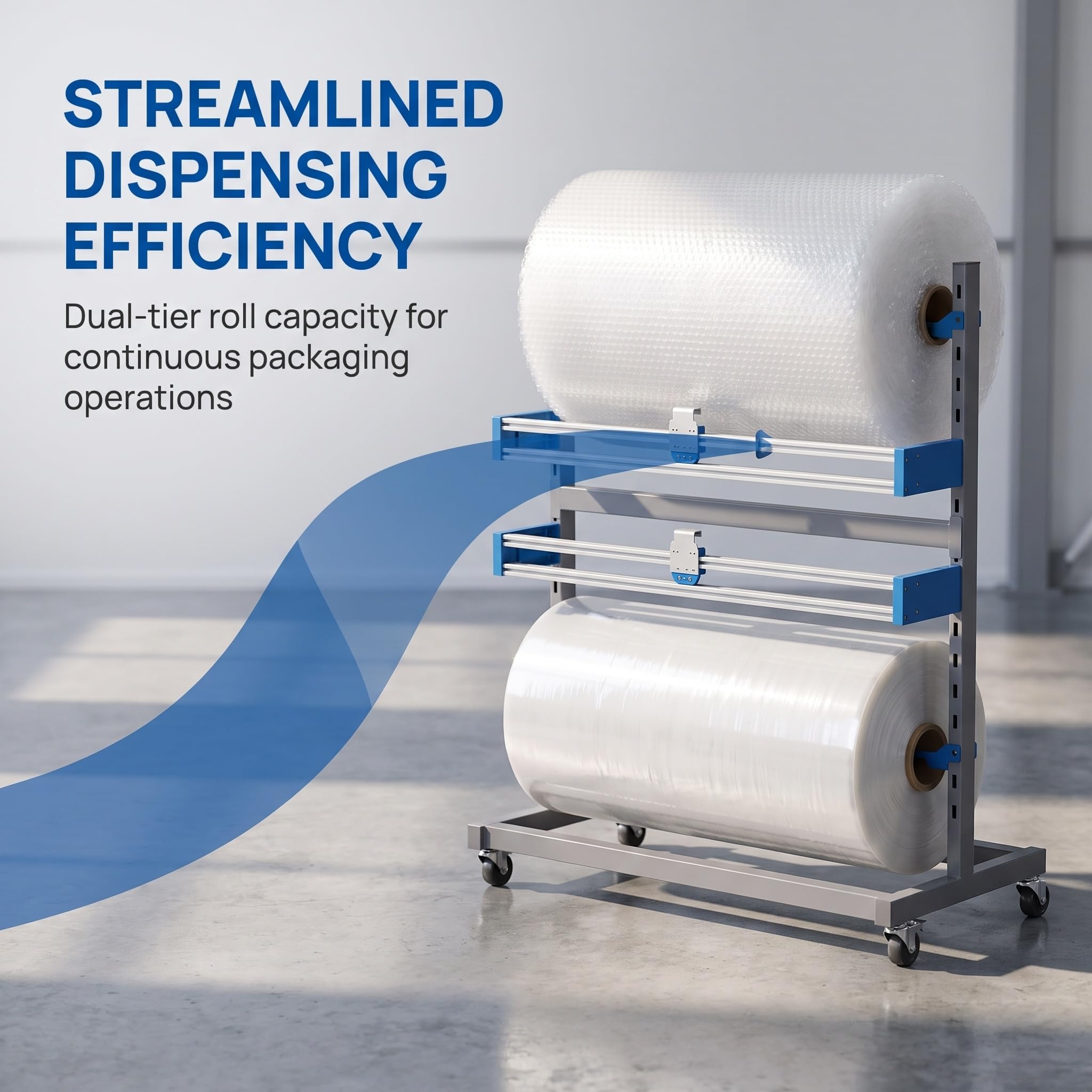 Dispenser per Rotoli di Pluriball A Doppio Strato, Porta Pluriball con Taglierina, per Rotoli Larghi 120 Cm, con 4 Ruote, Dispenser in Acciaio Resistente per Magazzino, Fabbrica E Logistica.