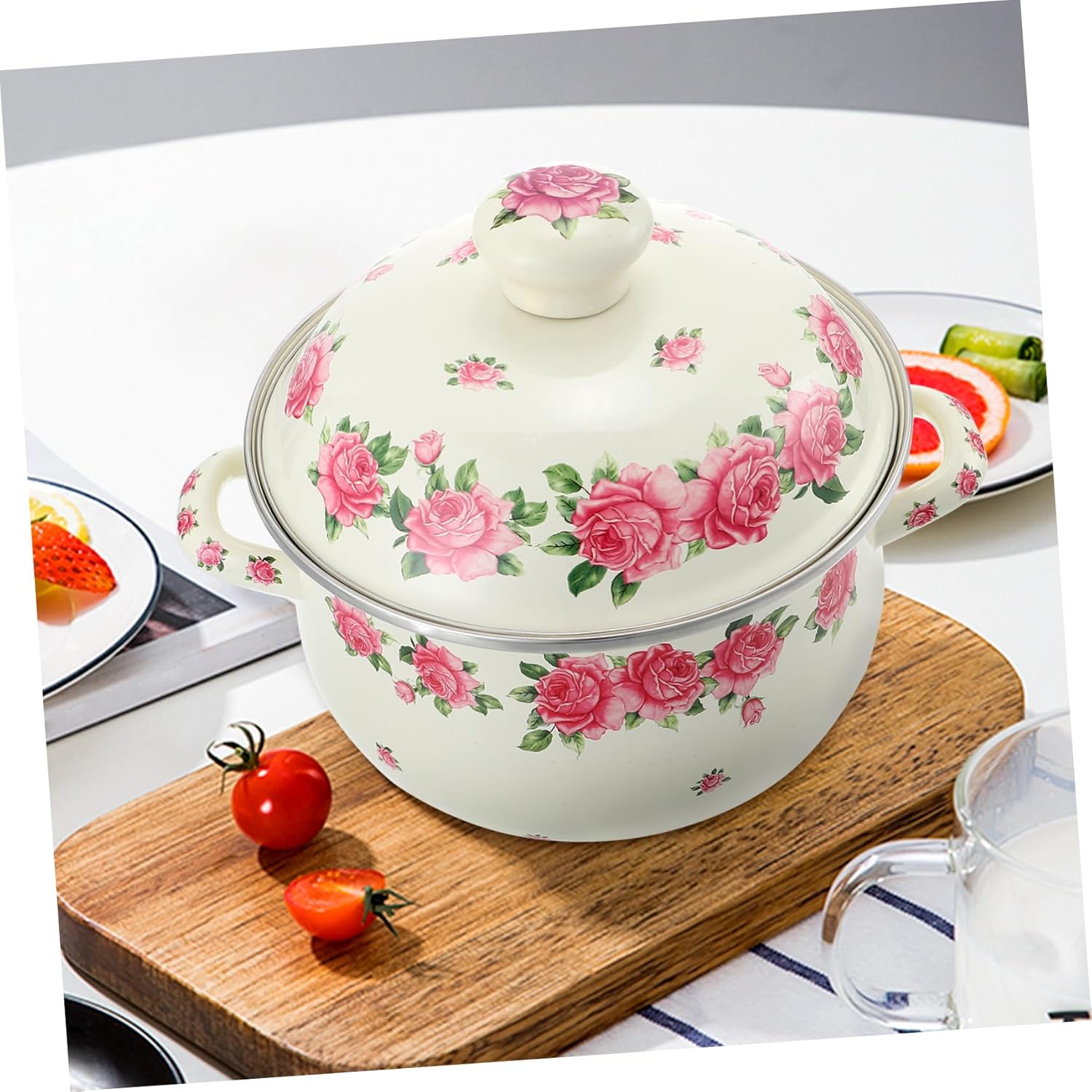 Luxshiny 20cm Pink Rose Enamel Double Handle Soup Pot Nonstick Stockpot Lid Decorative Cooking Pot for Kitchen Supplies