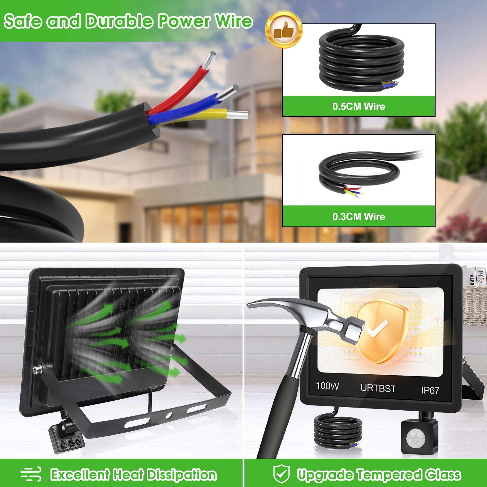 LED Strahler mit Bewegungsmelder Außen,100W 10000LM LED Strahler Außen,LED Fluter IP67 Wasserdichte,LED Scheinwerfer 7000K Kaltweiß Superhell Aussenstrahler für Garten,Innenhöfe,Hof (2 Stück)
