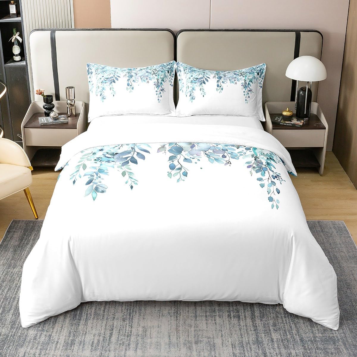 Watercolor Plant Leaves 100% Cotton Bedding Set Teal Floral Comforter Cover Set for Kids Teens Bedroom Decor Spring Flowers Duvet Cover (No Comforter) Full Size 3 PCS