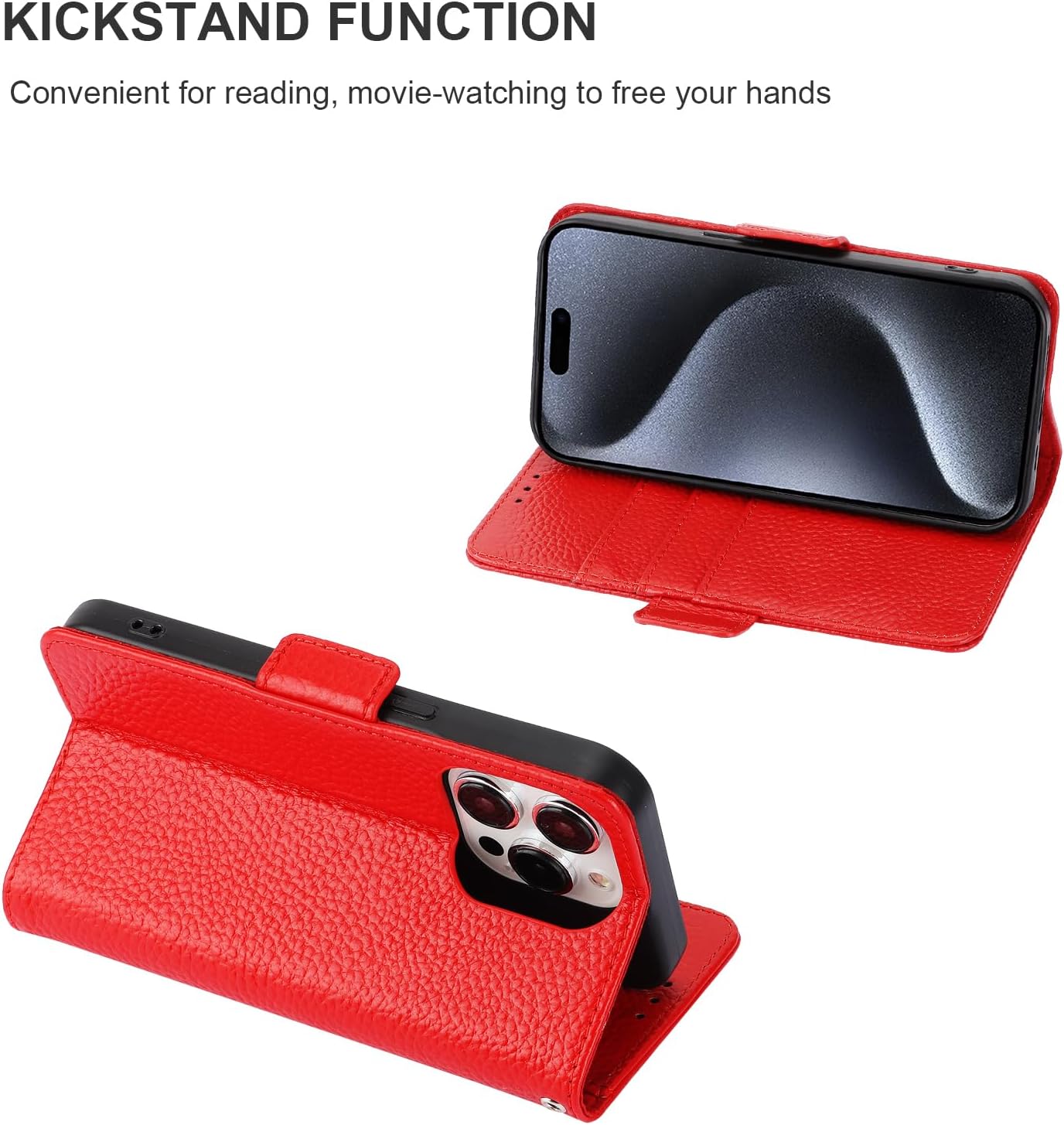 Bocasal Wallet Case for iPhone 15 Pro 5G, Genuine Leather Support Wireless Charging RFID Blocking Flip Case Card Slots Holder, Kickstand Book Folding Folio Cover with Wrist Strap 6.1 Inch (Red)