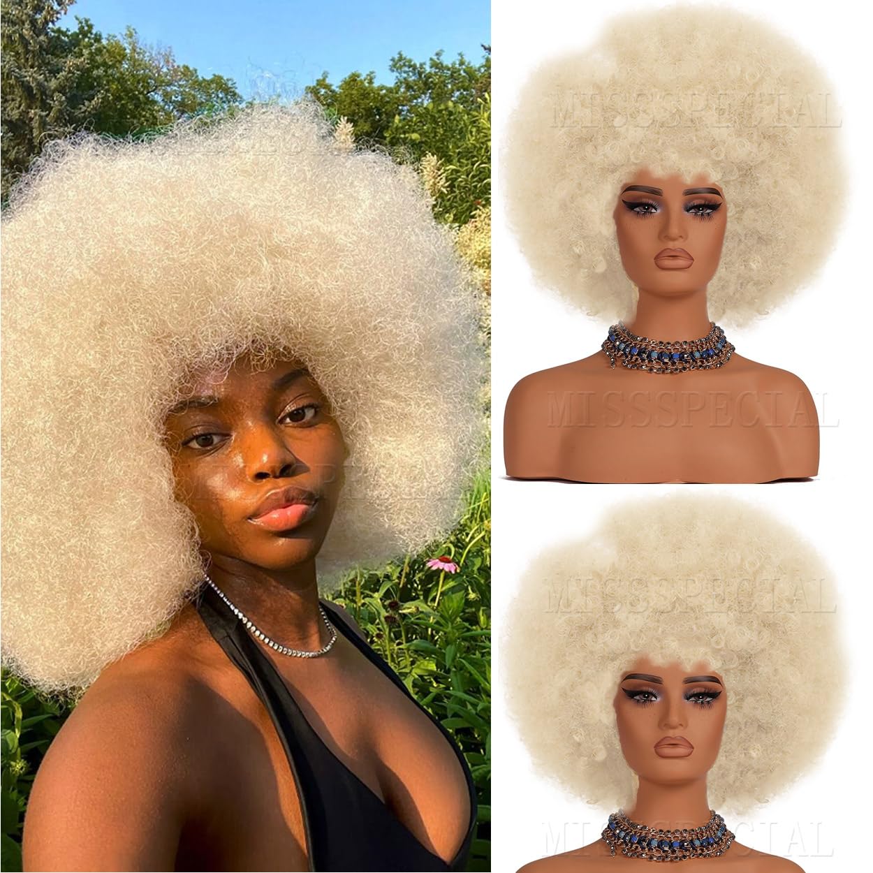 Afro Wig 70s Curly Wigs for Black Women Glueless Afro Wigs Large Bouncy and Soft Natural Looking Full Wigs Big Afro Puff Wig With Bangs Synthetic Hair Wig for Daily (Platinum, Afro Wig)