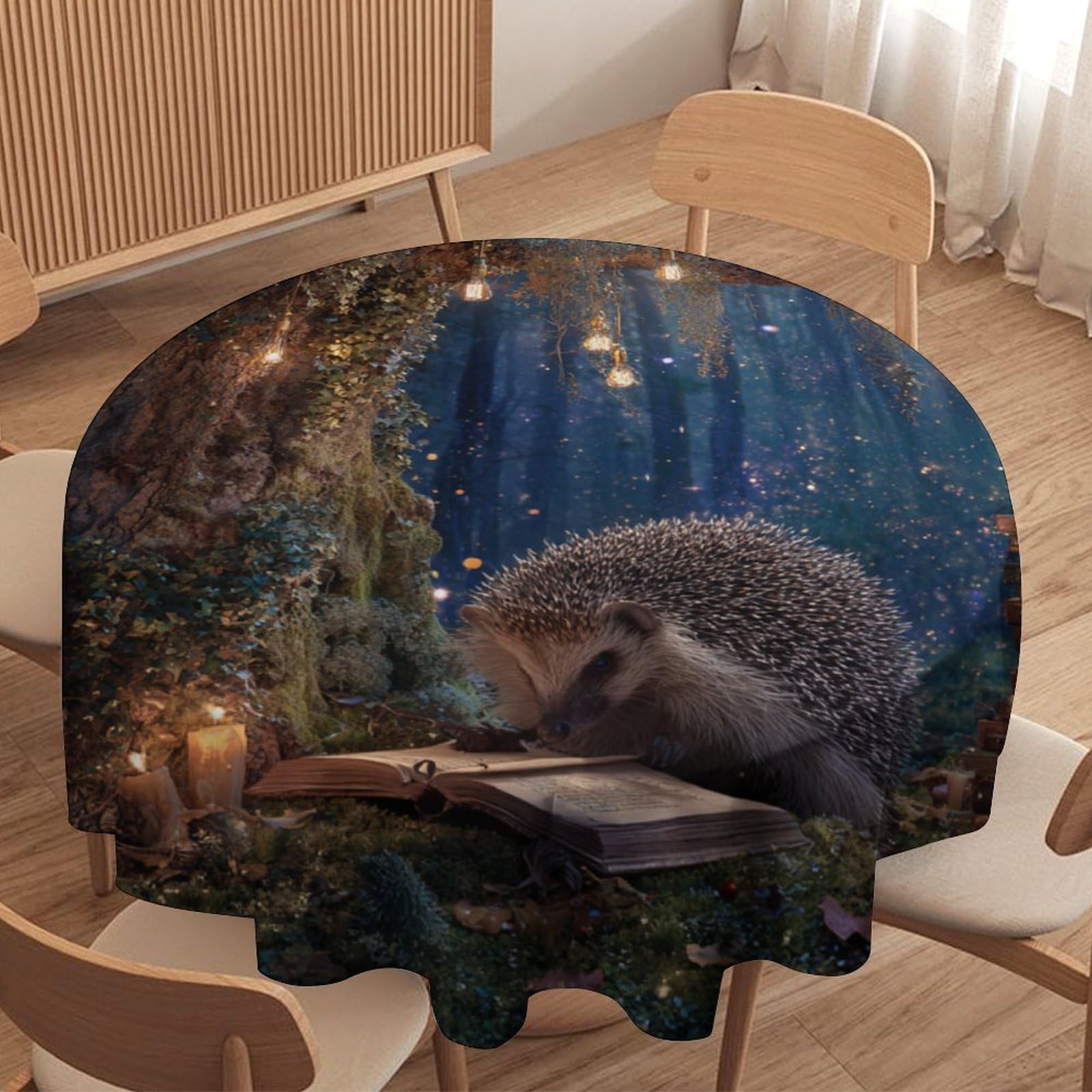 LUYYSKY Vintage Realistic Hedgehogs Round Tablecloth Retro Watercolor Plants Trees Animals Hedgehogs Books Pattern Washable Decor for Table Cover for Kitchen-177.8" Wx177.8 L cm