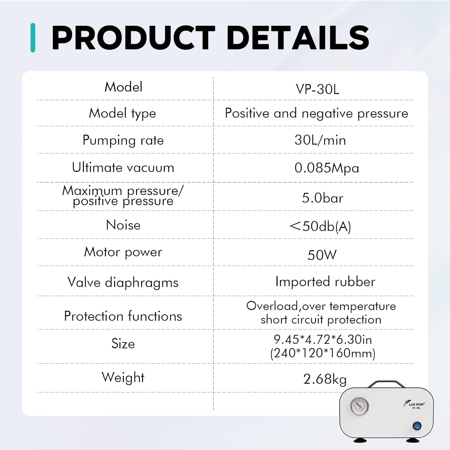 LABFISH Lab Vacuum Pump Portable Oilless Diaphragm Vacuum Filtration 30L/min with Rubber Tube Positive and Negative Pressure,110V-220V: Industrial & Scientific