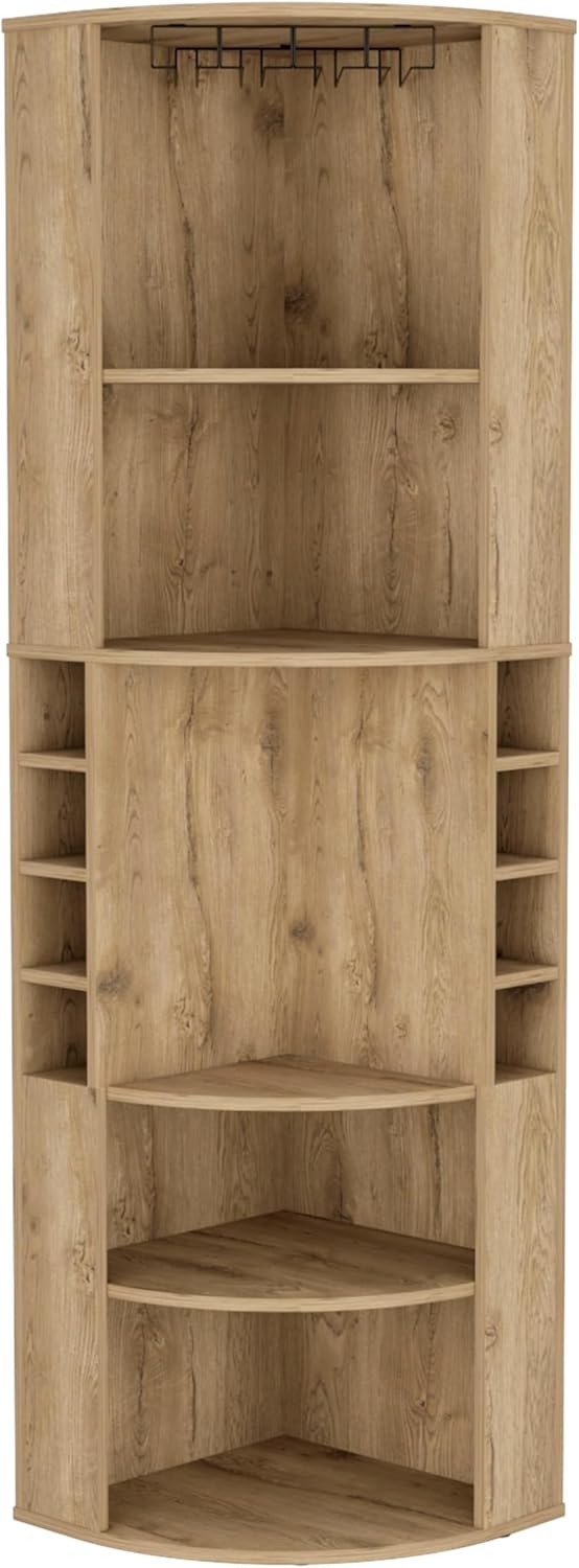 Tuhome Oban Corner Bar Cabinet with Five Shelves, Eight Bottle Cubbies and Stemware Storage, Space-Saving Full-Corner Design for Home Entertainment, Multi-Level Display and Organized Beverage Storage