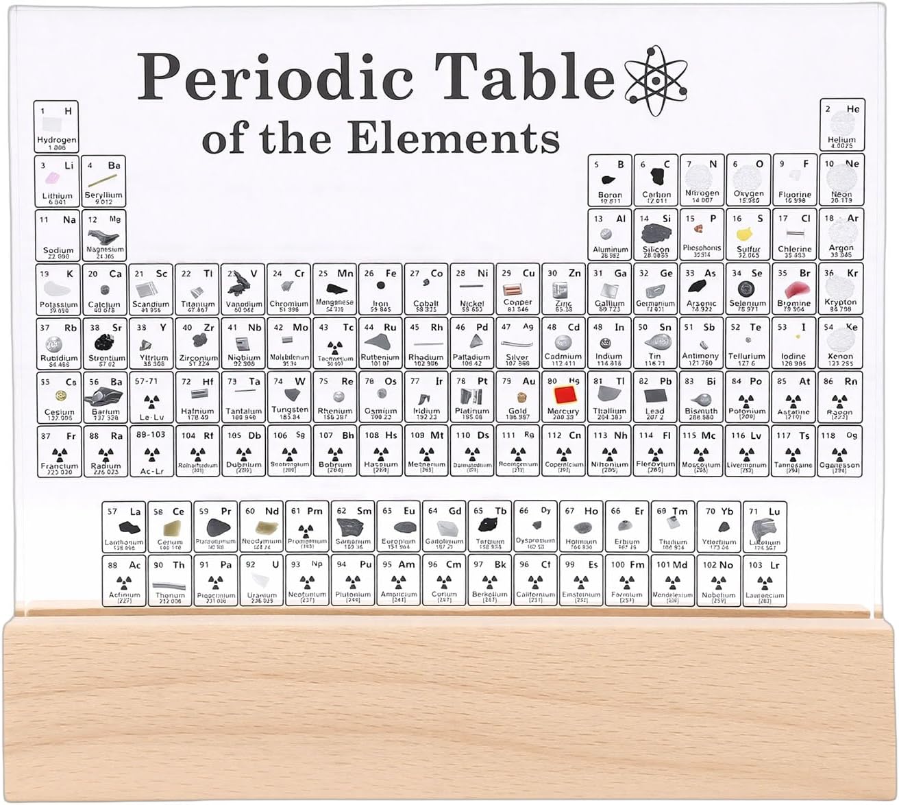 Periodic Table of Elements, 83 Real Samples with LED Lights and Wooden Stand, Clear Acrylic Display for Students Teachers Science Enthusiasts